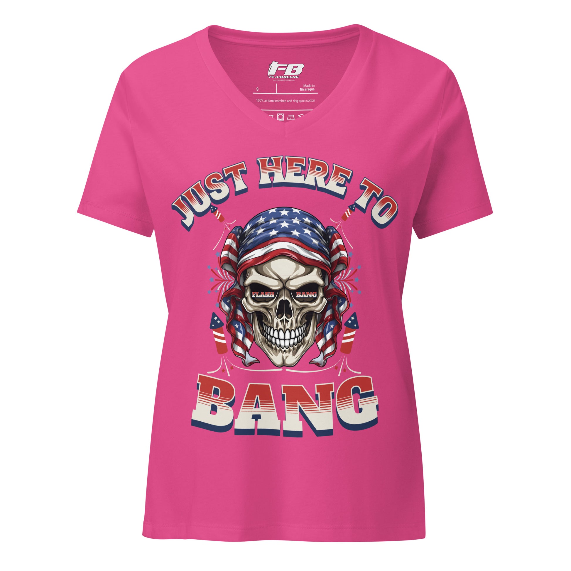 Pink t-shirt with skull and American flag design on a white background