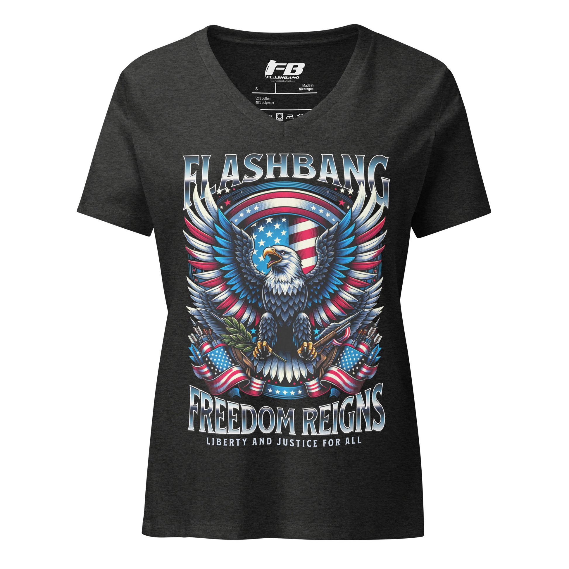 Black t-shirt with 'Flashbang Freedom Reigns' design featuring an eagle and American flag on a white background.
