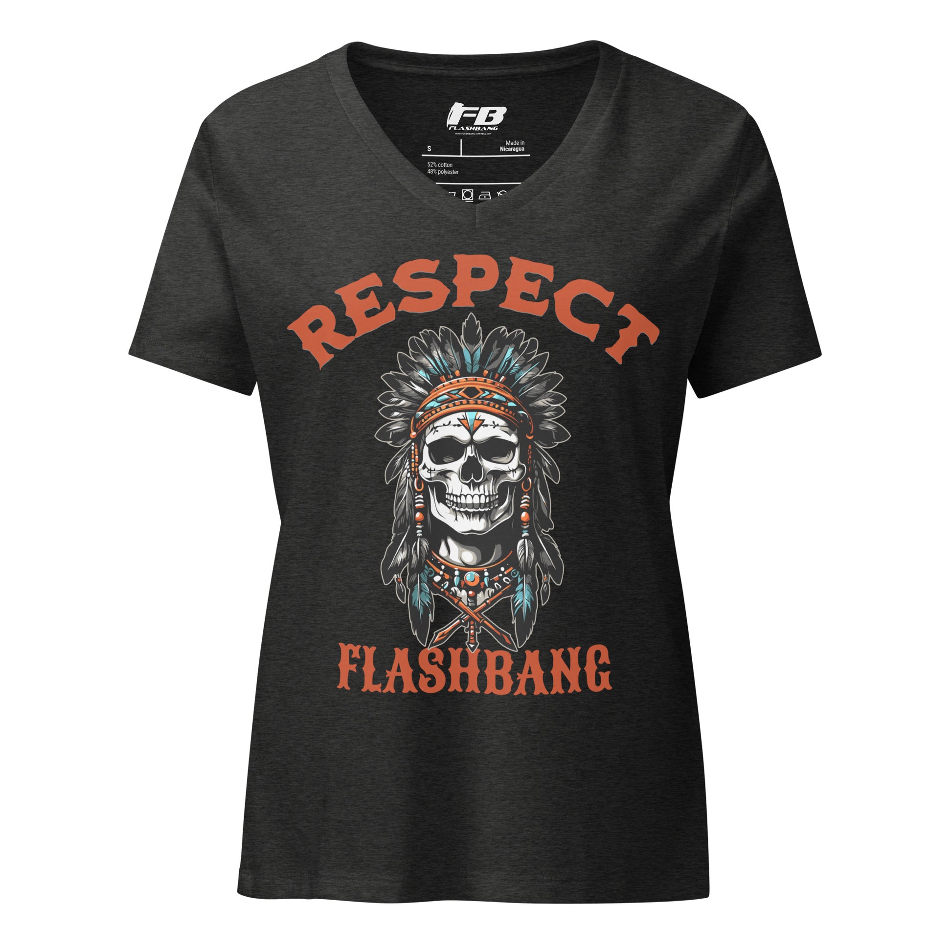 Black t-shirt with 'RESPECT FLASHBANG' design featuring a skull and feathers on a white background.