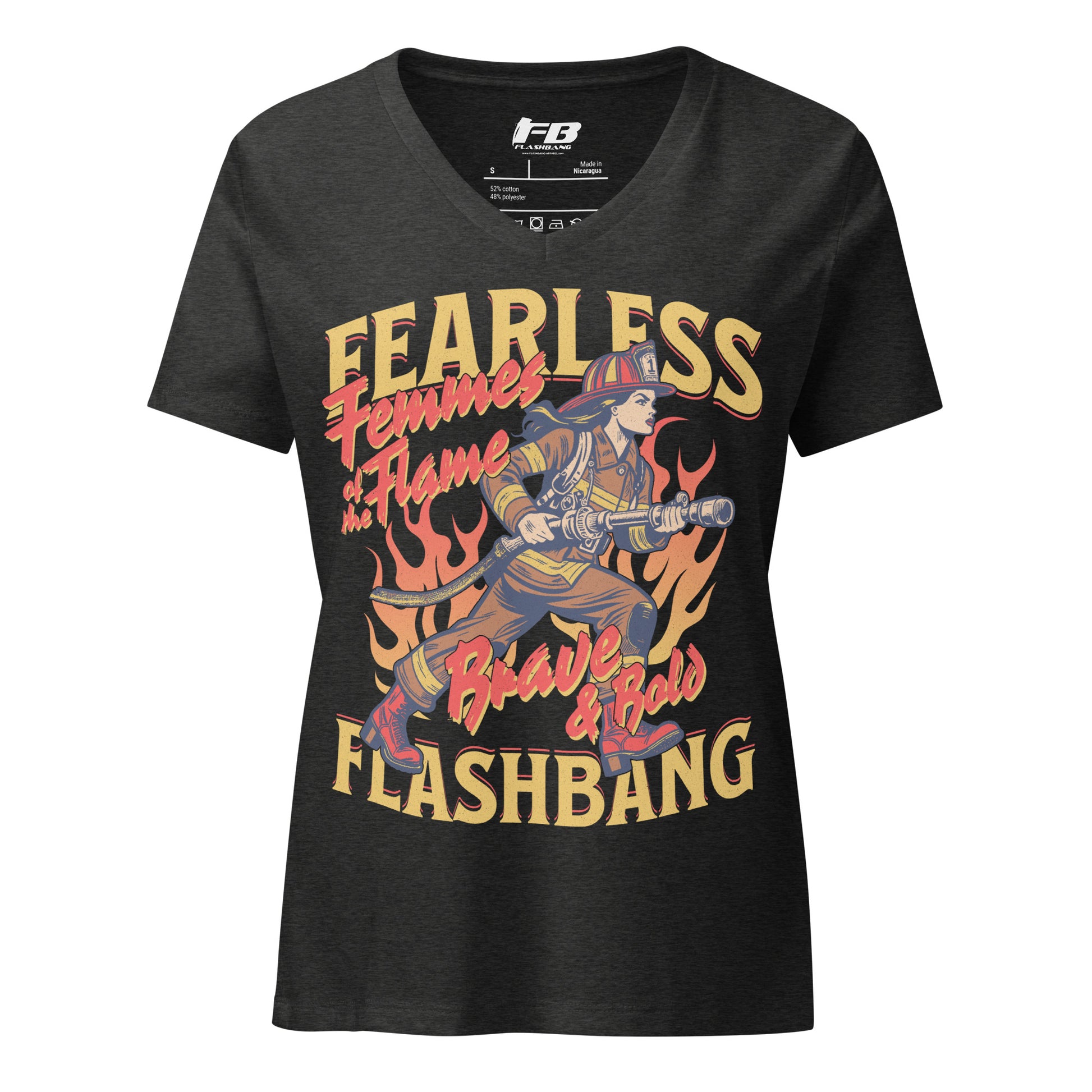 Black t-shirt with graphic design and text on a white background