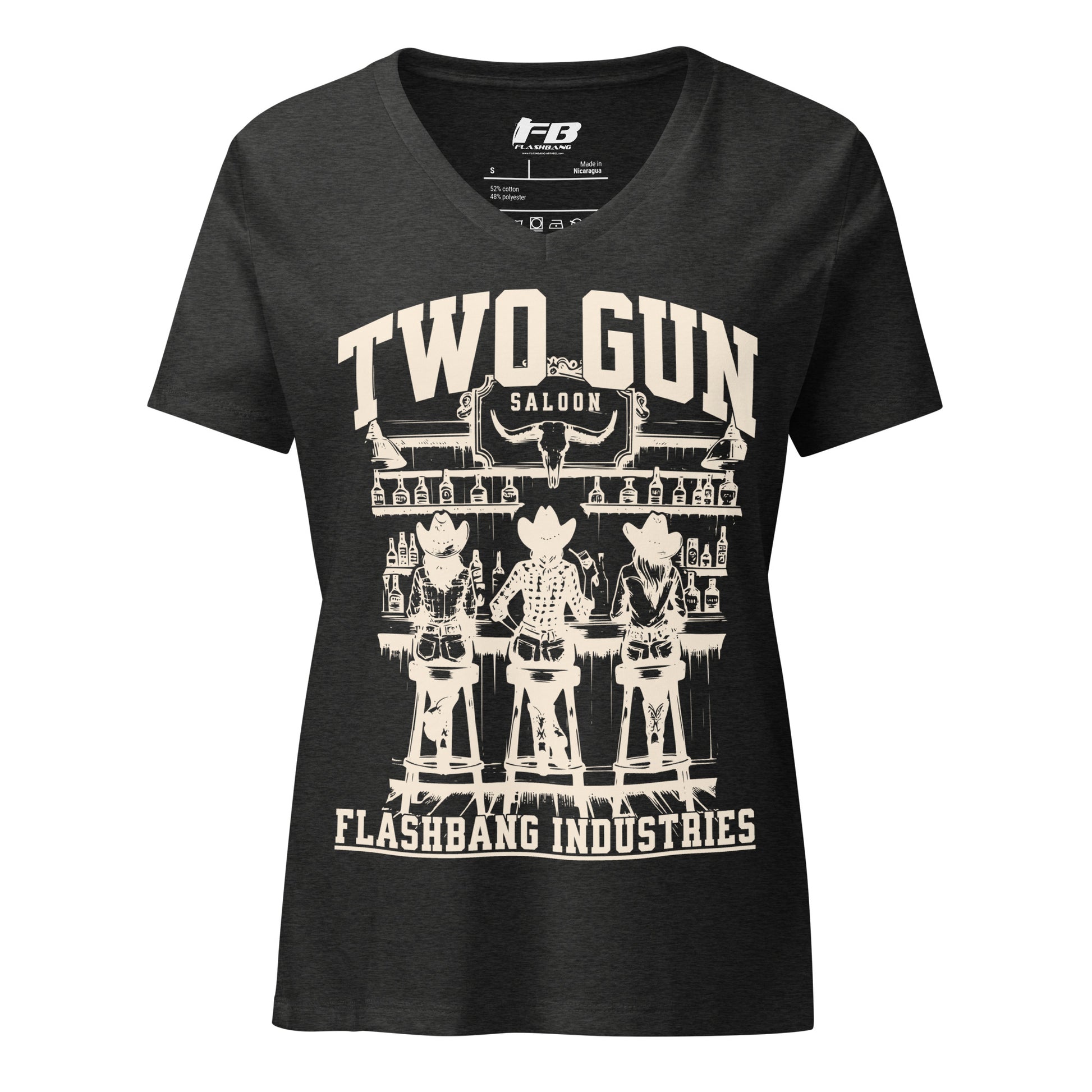 Black t-shirt with white graphic design and 'Two Gun Saloon' text on a white background