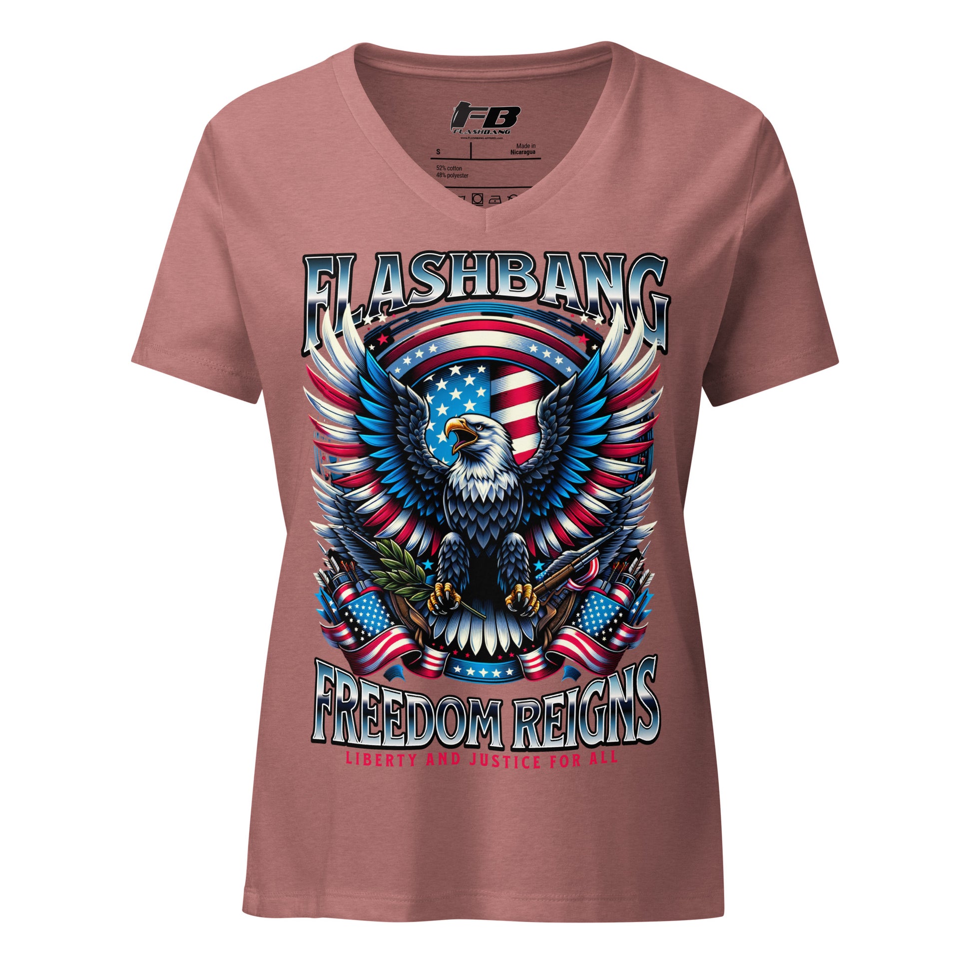 Pink t-shirt with an eagle and American flag design on a white background