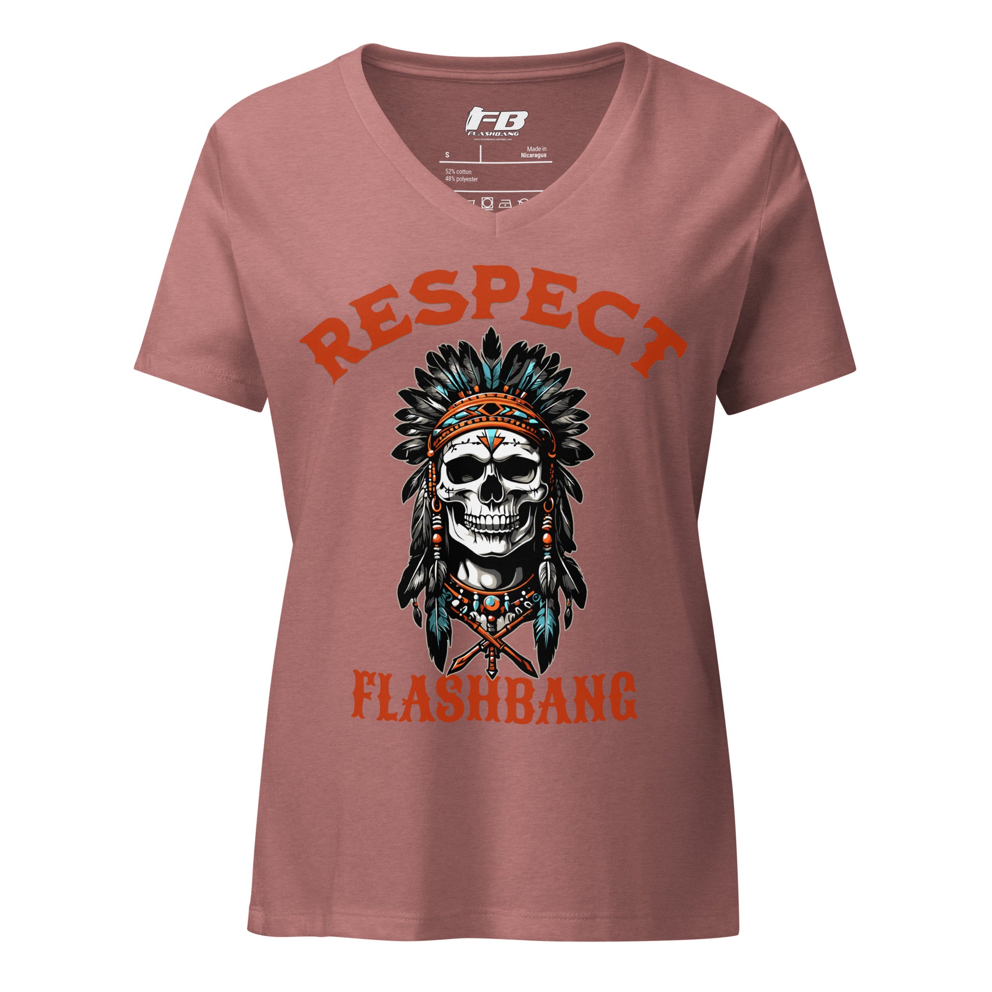 Pink t-shirt with a skull design and 'Respect Flashbang' text on a white background