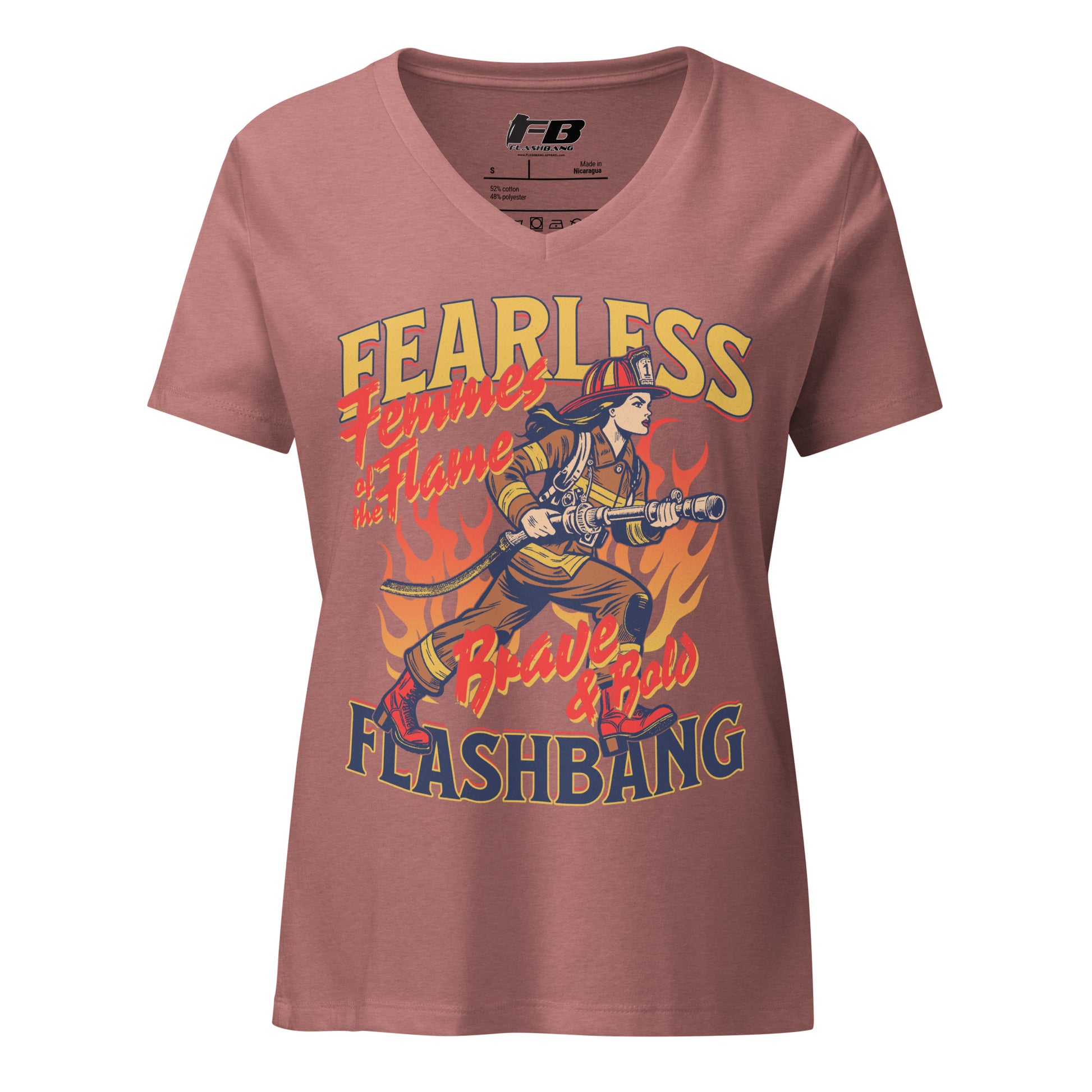 Pink t-shirt with a graphic design of a firefighter and text on a white background