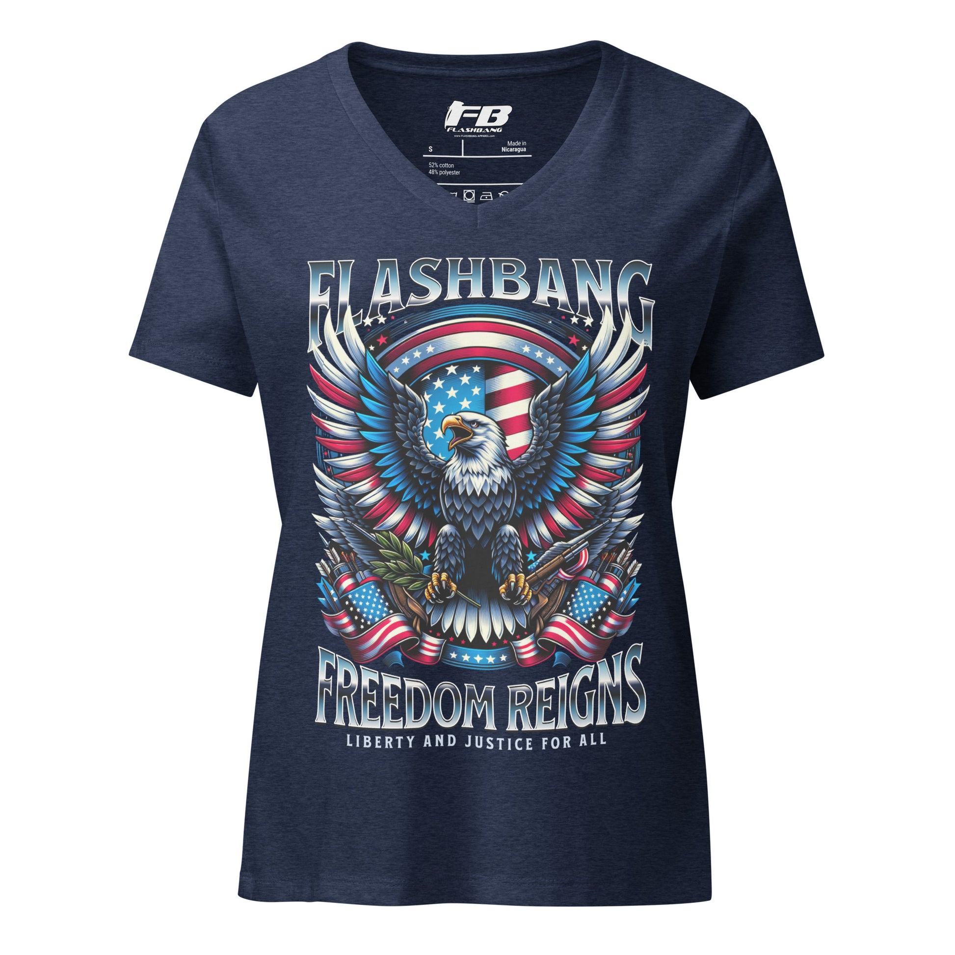 Navy blue t-shirt with eagle and American flag design on a white background