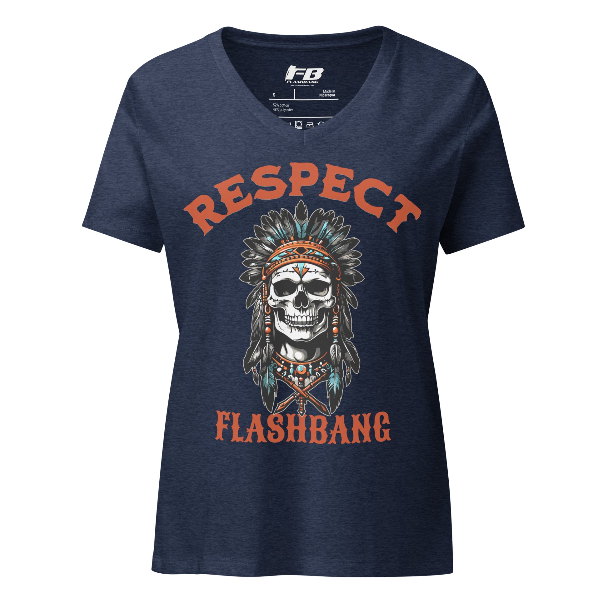 Navy blue t-shirt with a skull graphic and 'Respect Flashbang' text on a white background