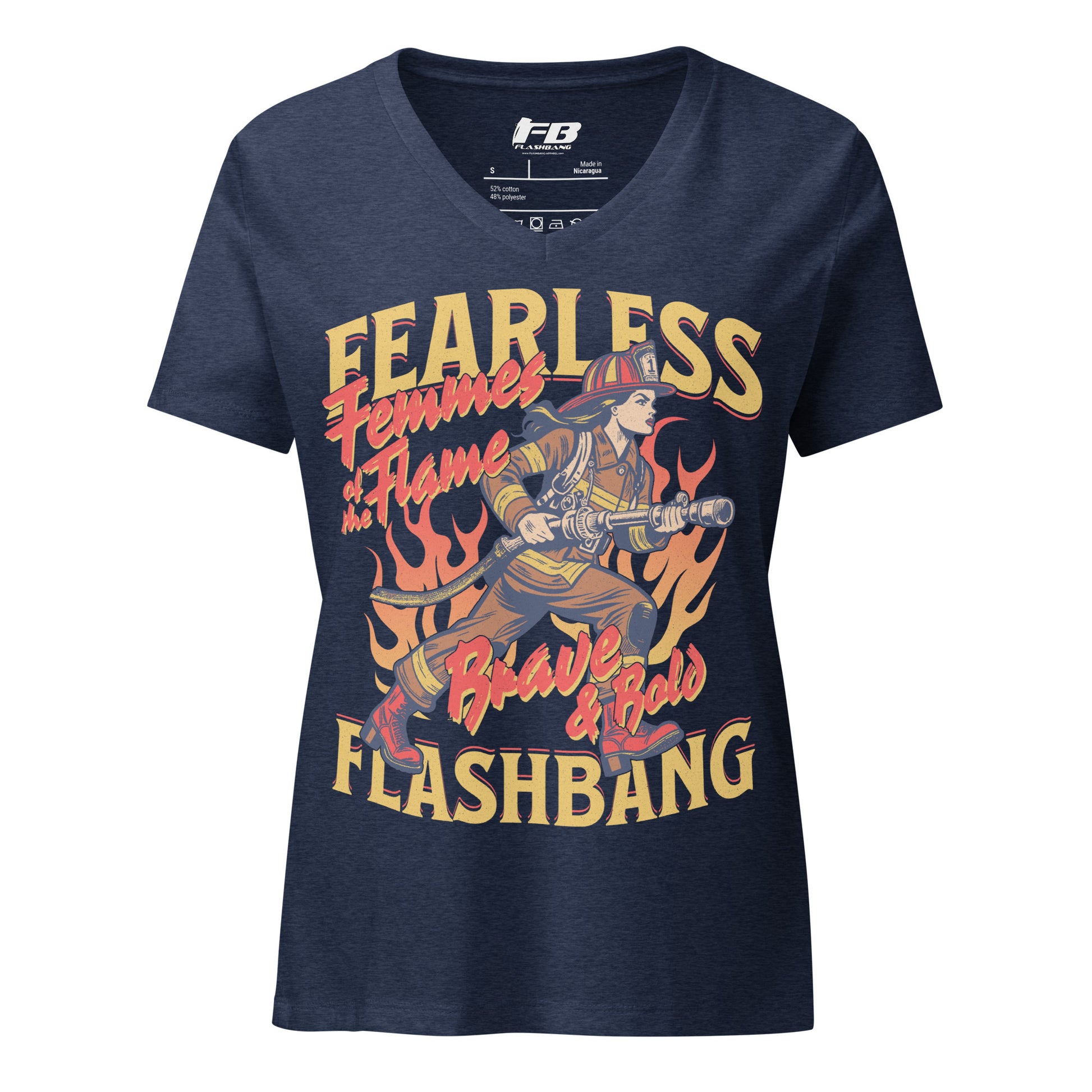 Navy blue t-shirt with a graphic design featuring a firefighter and text on a white background