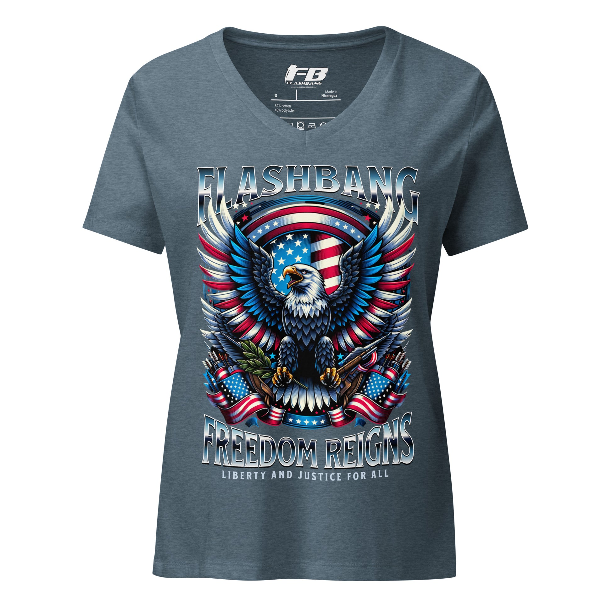 Gray t-shirt with 'Flashbang' and 'Freedom Reigns' design featuring an eagle and American flag on a white background.