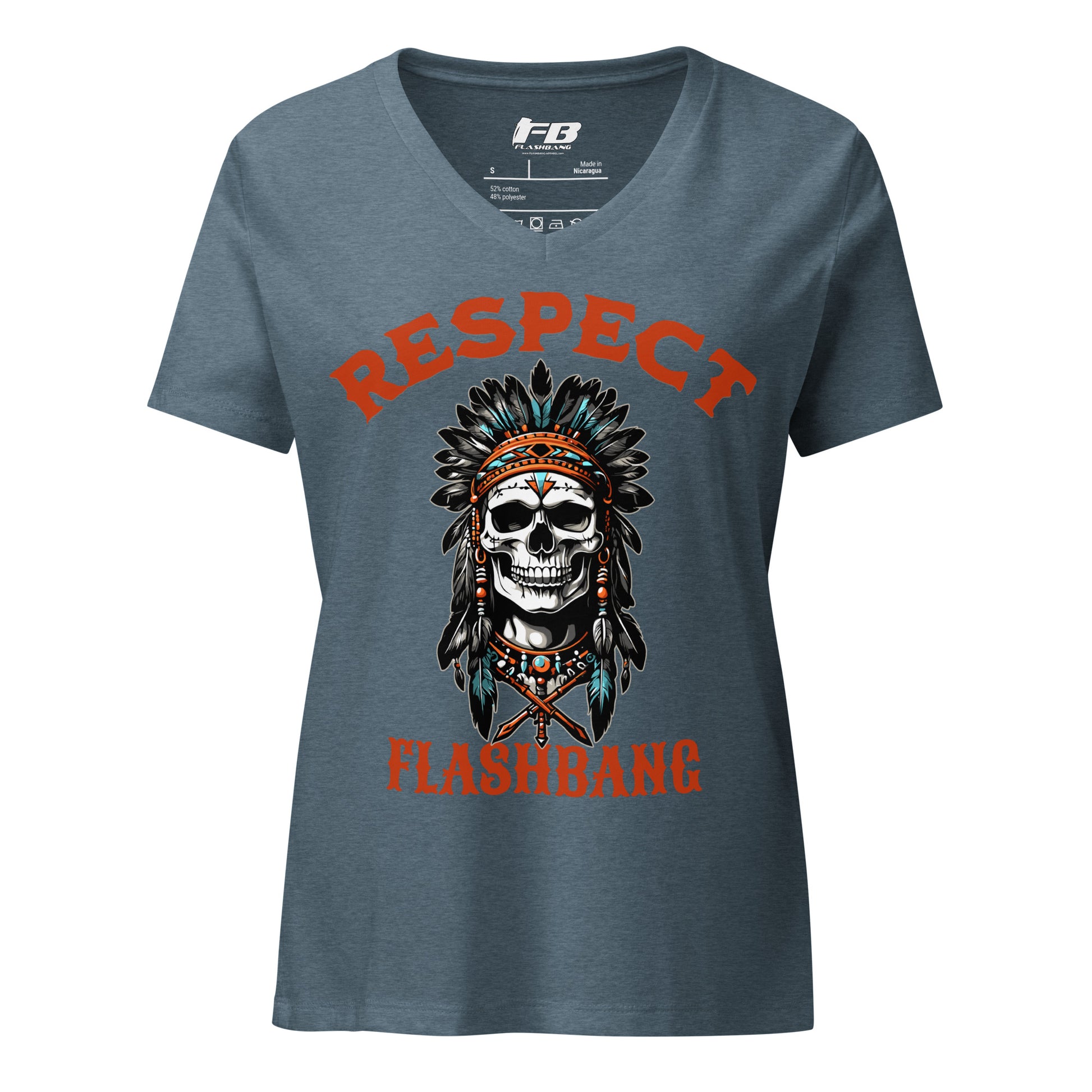 Gray t-shirt with a skull design and 'Respect Flashbang' text on a white background