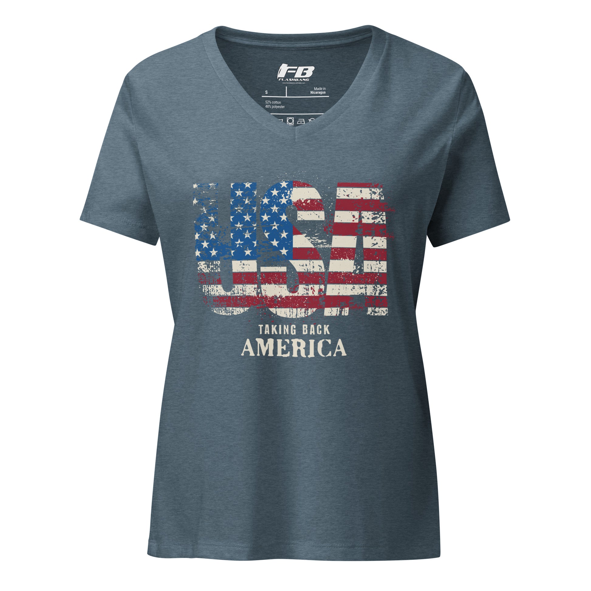 Blue t-shirt with American flag design and text on a white background