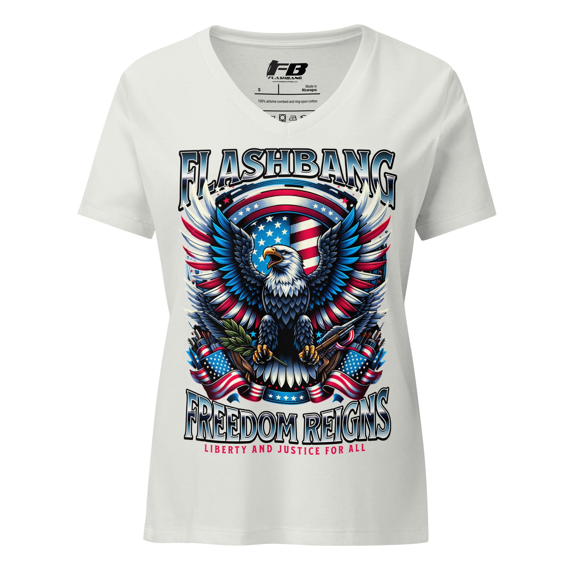 White t-shirt with an eagle and American flag design on a white background
