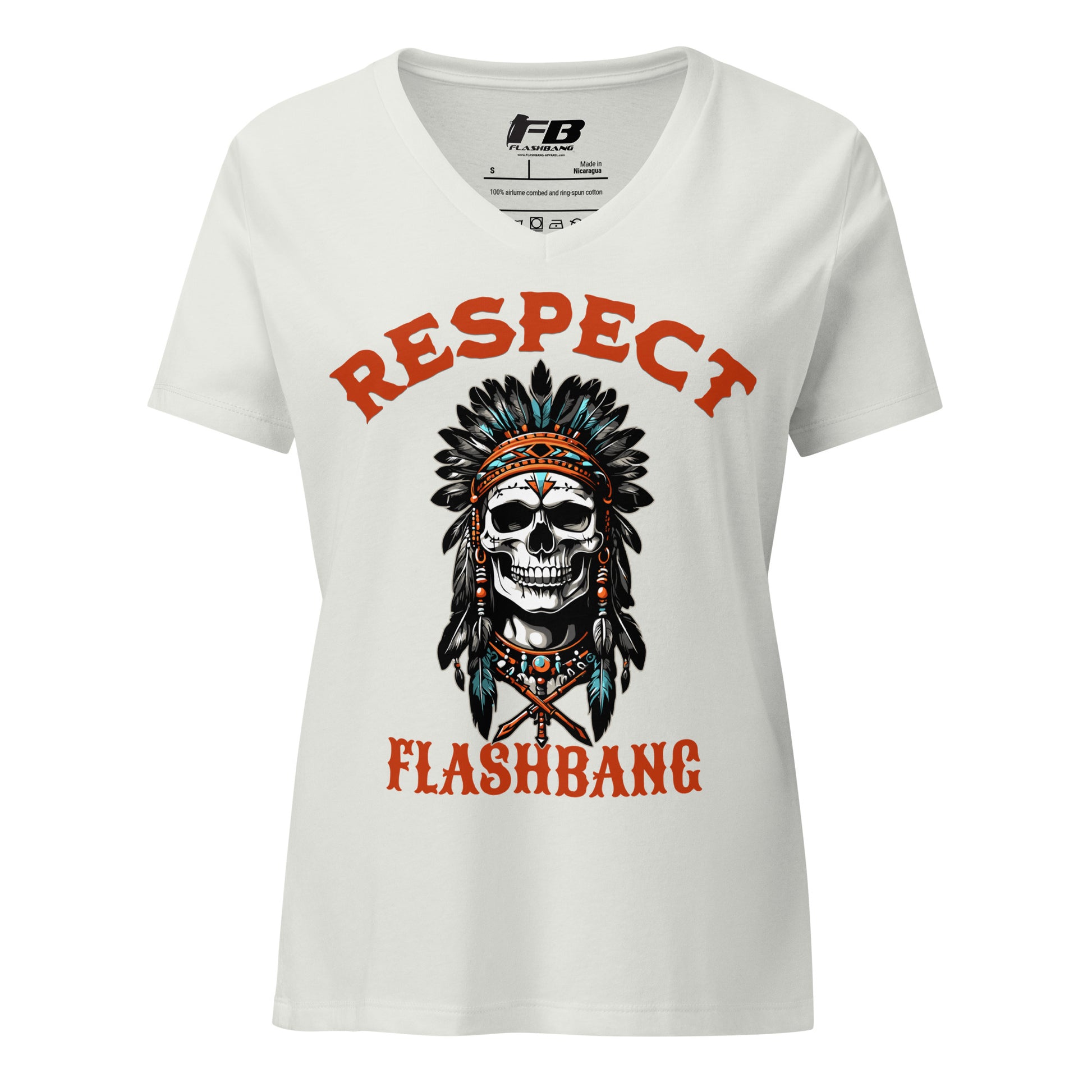 White t-shirt with a skull graphic and 'Respect Flashbang' text on a white background