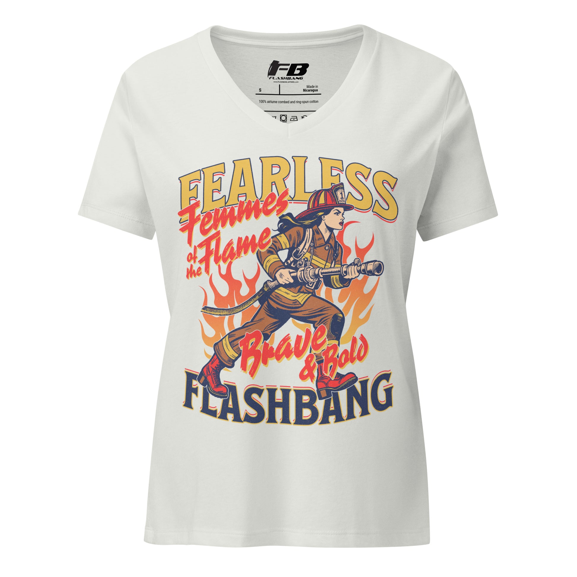 White t-shirt with a graphic design of a firefighter and text on a white background