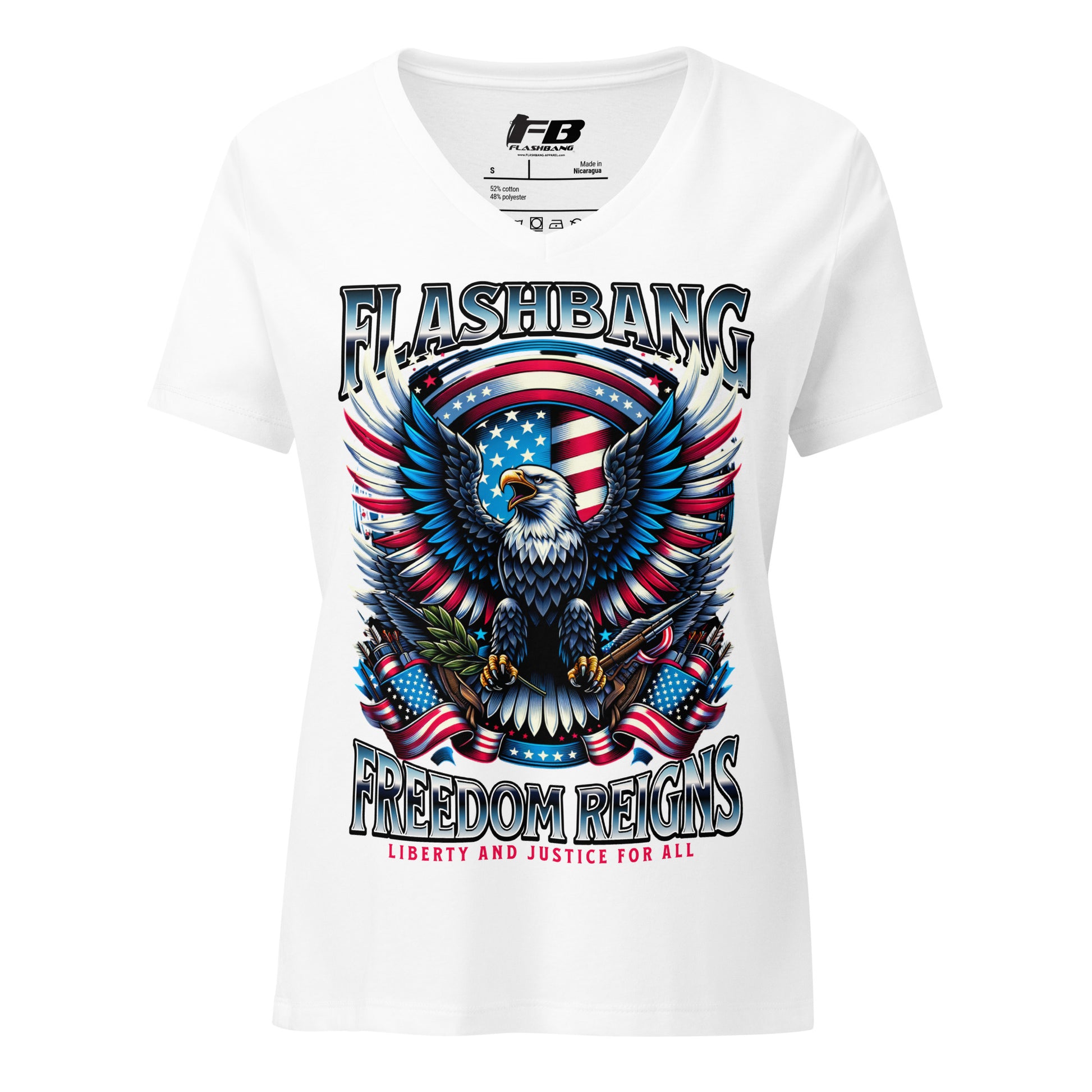 White t-shirt with an eagle and American flag design on a white background