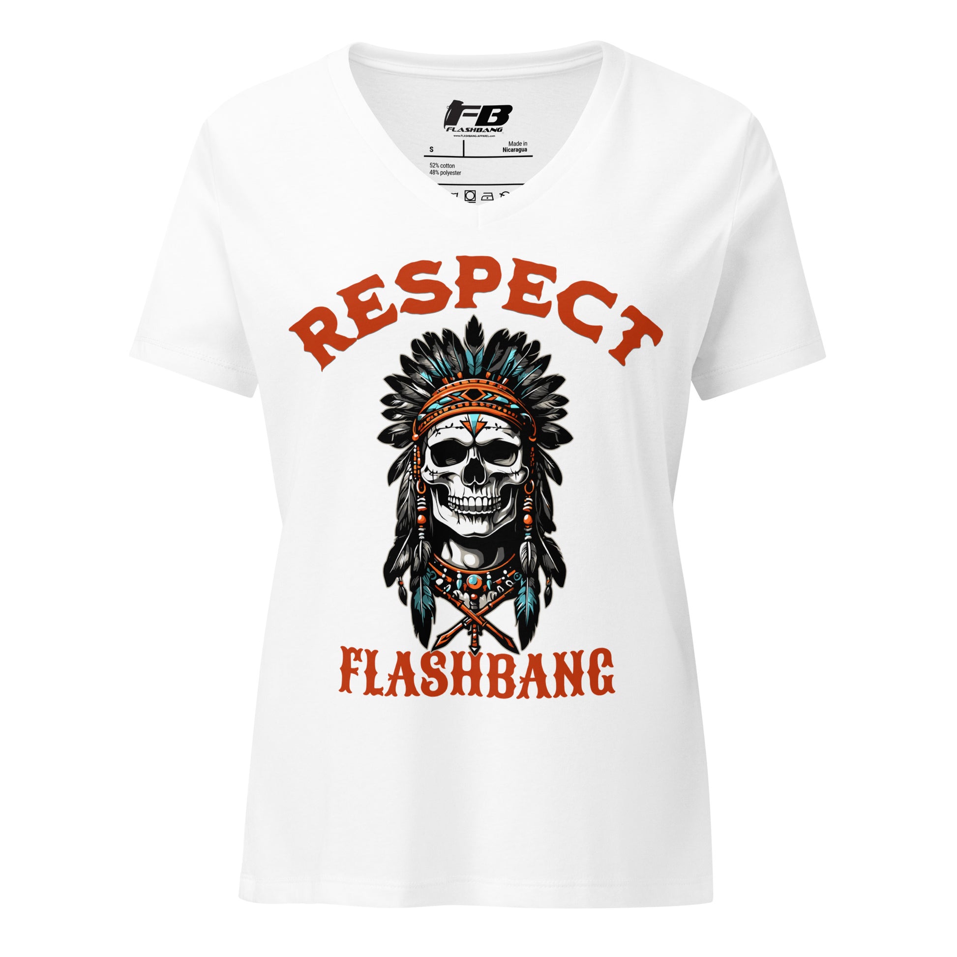 White t-shirt with a skull design and 'Respect Flashbang' text on a white background