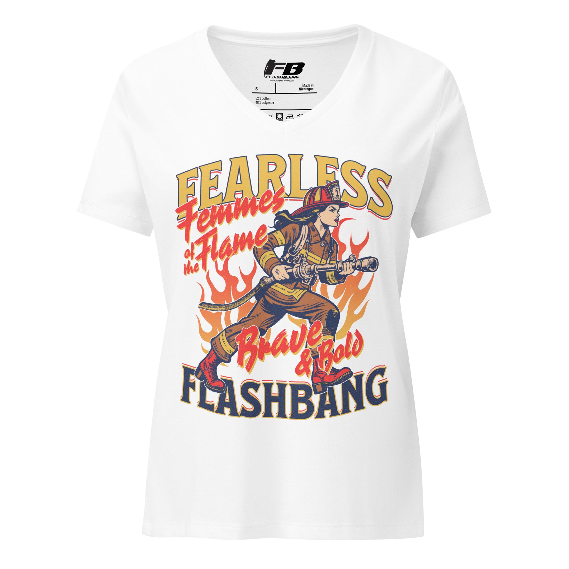 White t-shirt with a graphic design of a firefighter and text on a white background