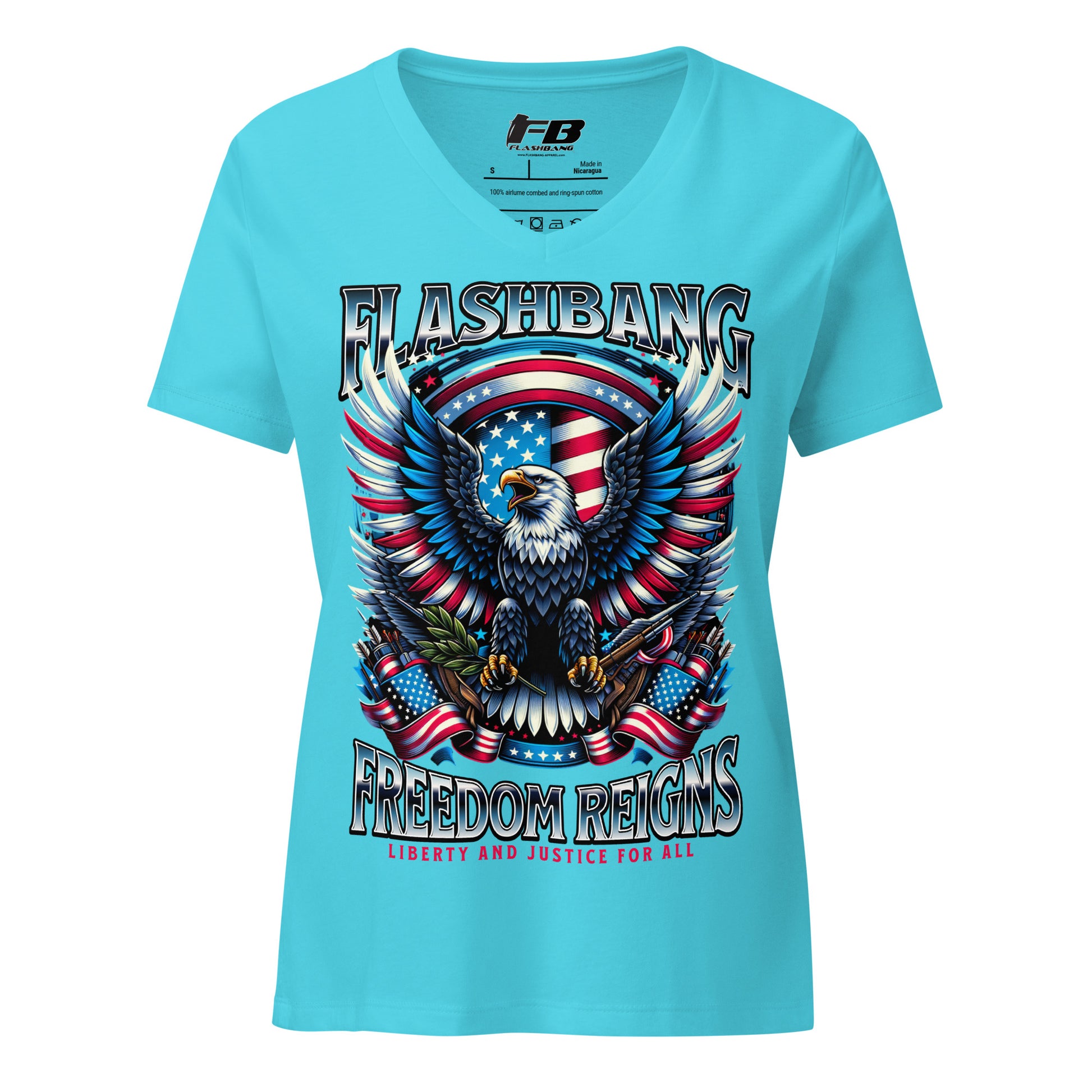 Blue t-shirt with an eagle and American flag design on a white background