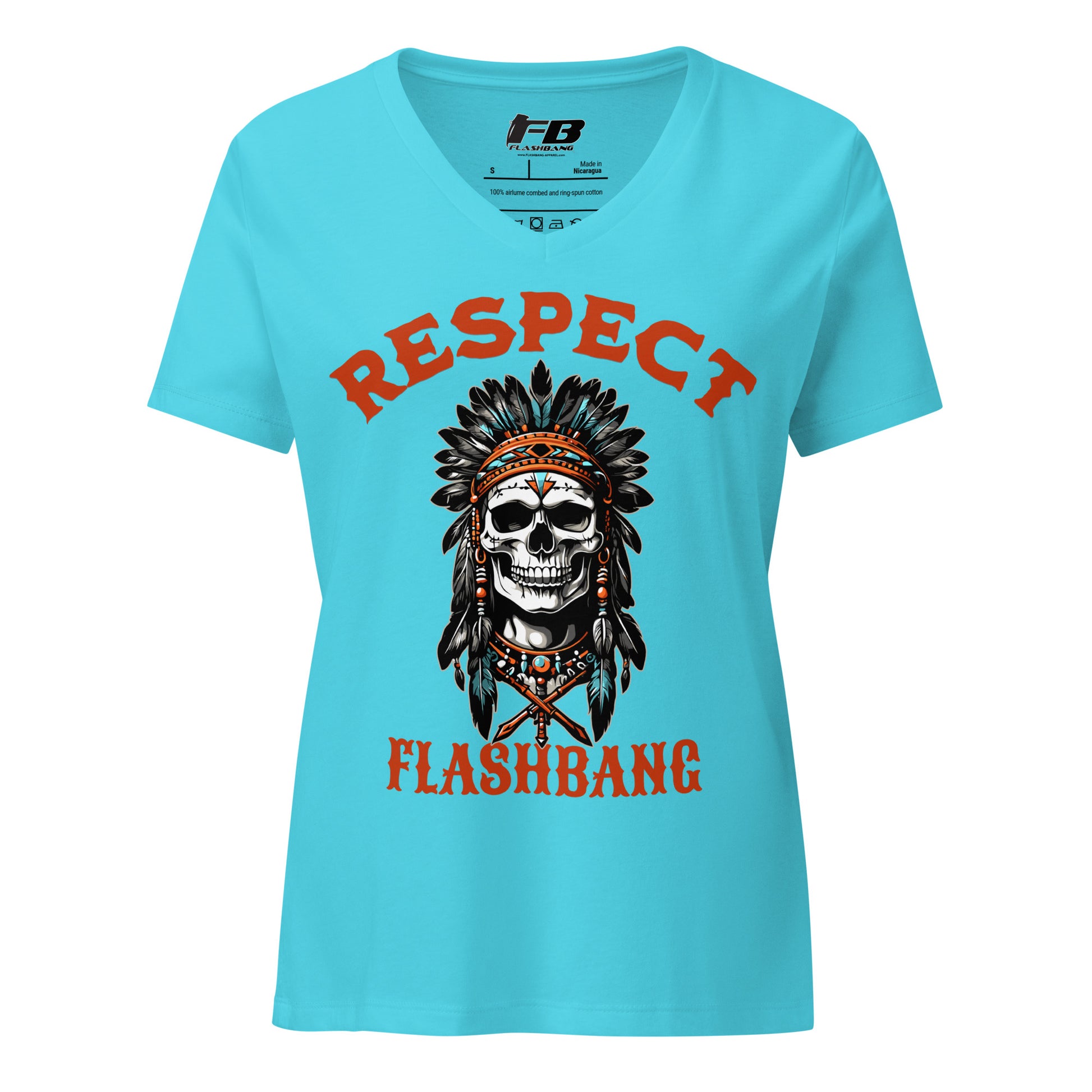 Blue t-shirt with a skull graphic and 'Respect Flashbang' text on a white background