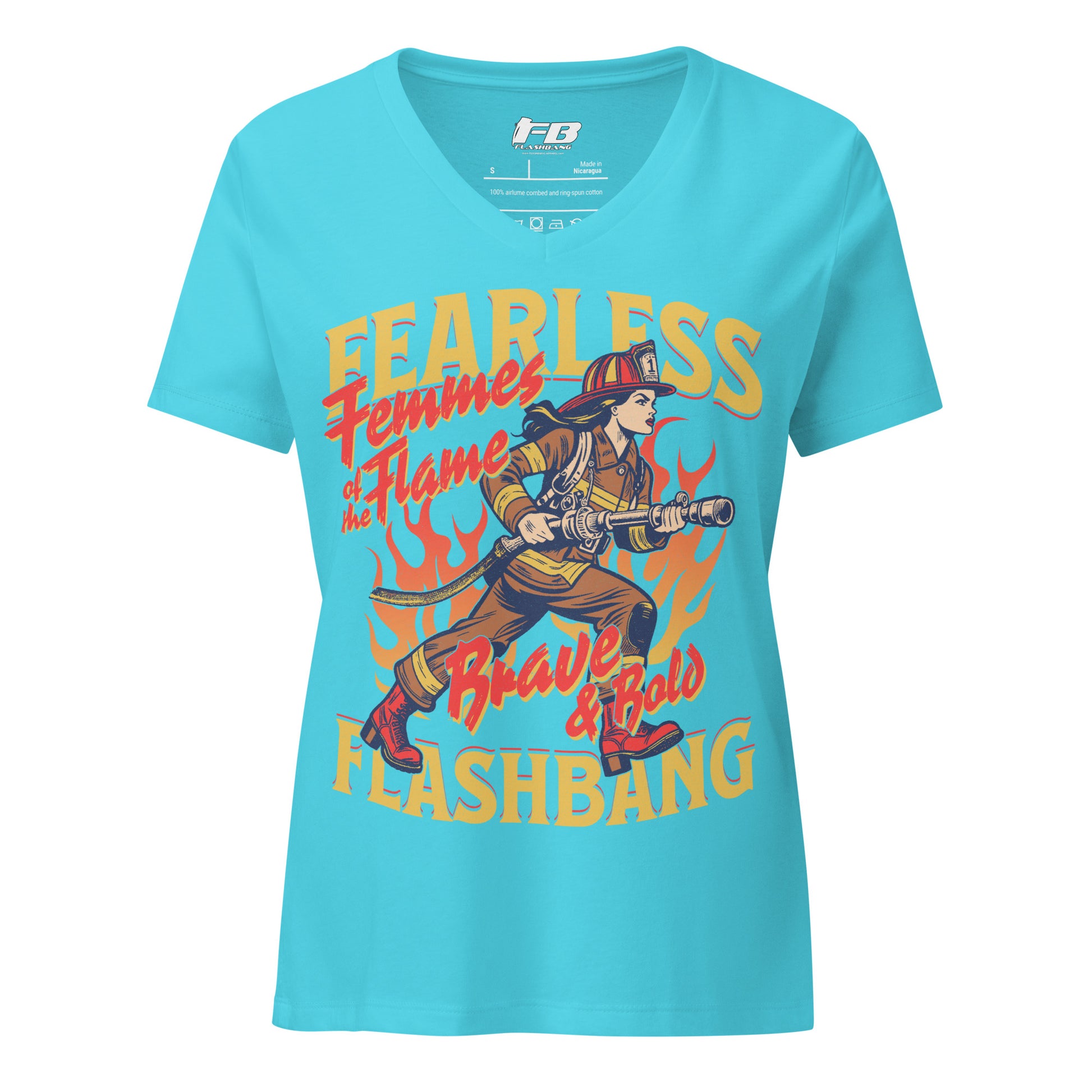 Blue t-shirt with a graphic of a firefighter and text on a white background