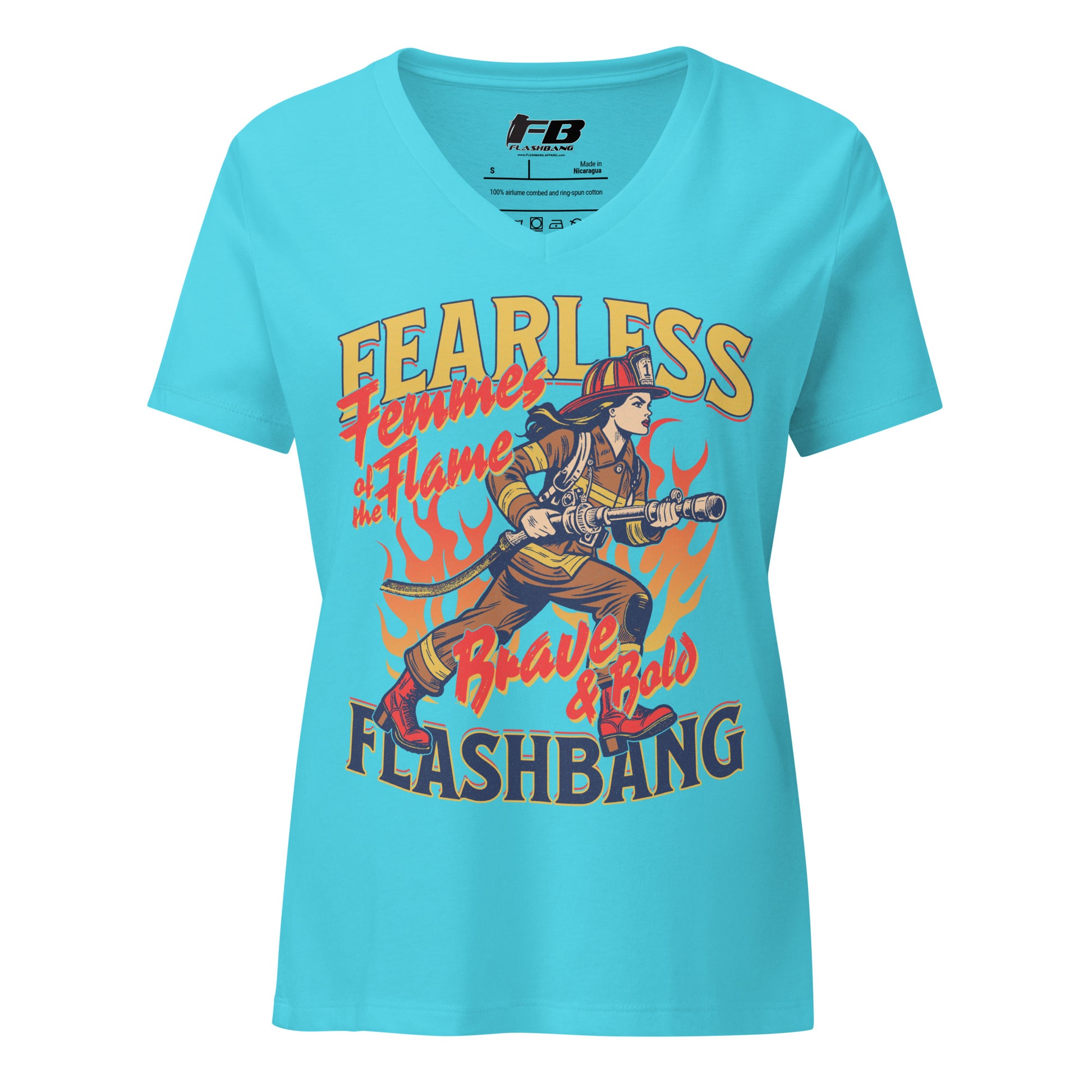 Blue t-shirt with a graphic of a firefighter and text on a white background