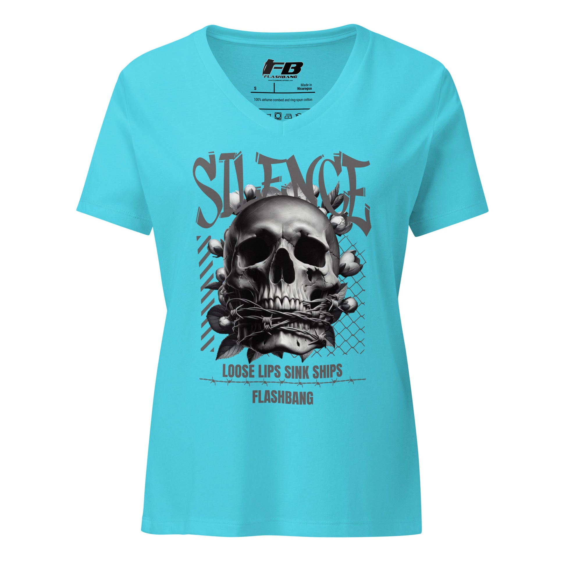 Turquoise t-shirt with skull graphic and text on a white background