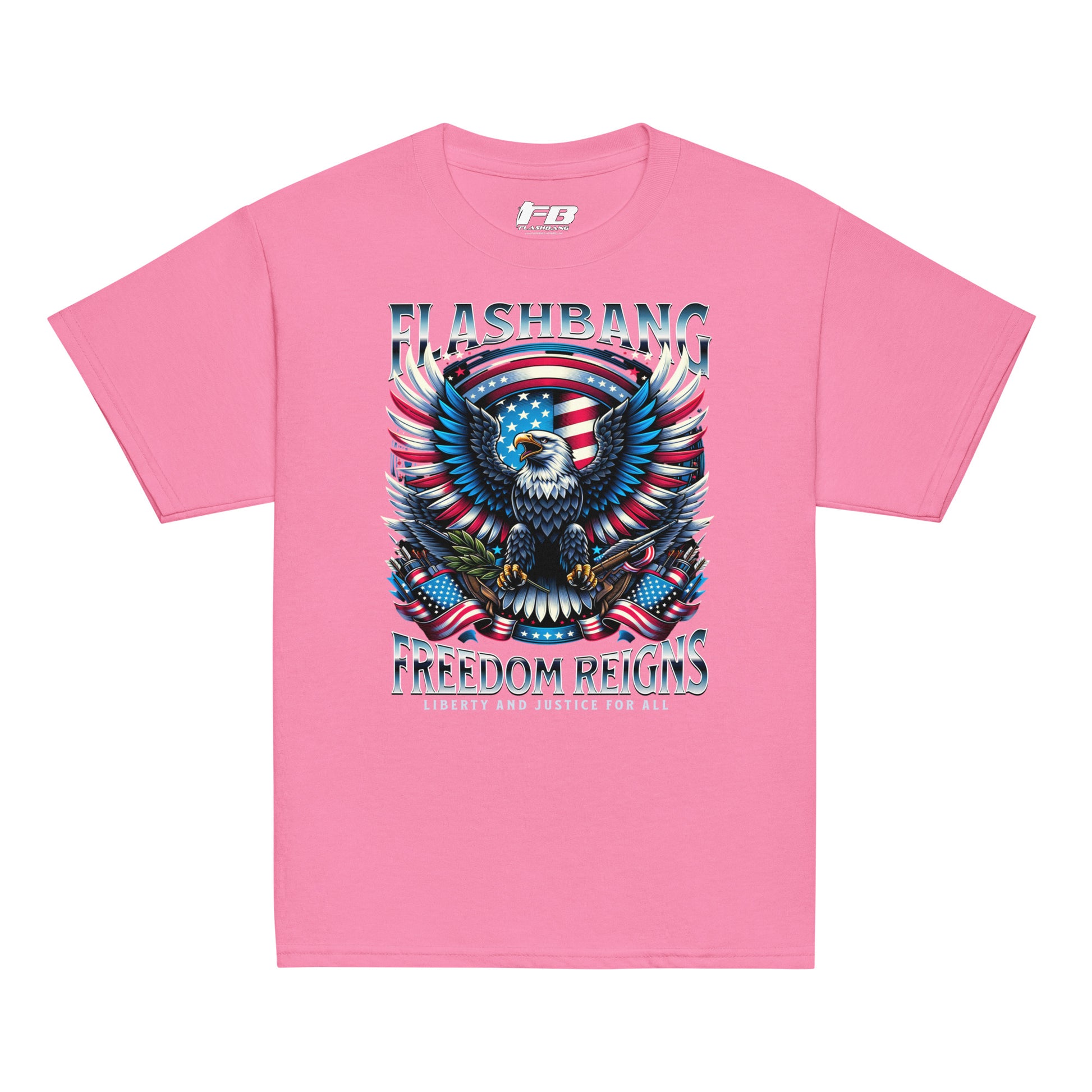 Pink t-shirt with an eagle and American flag design on a white background