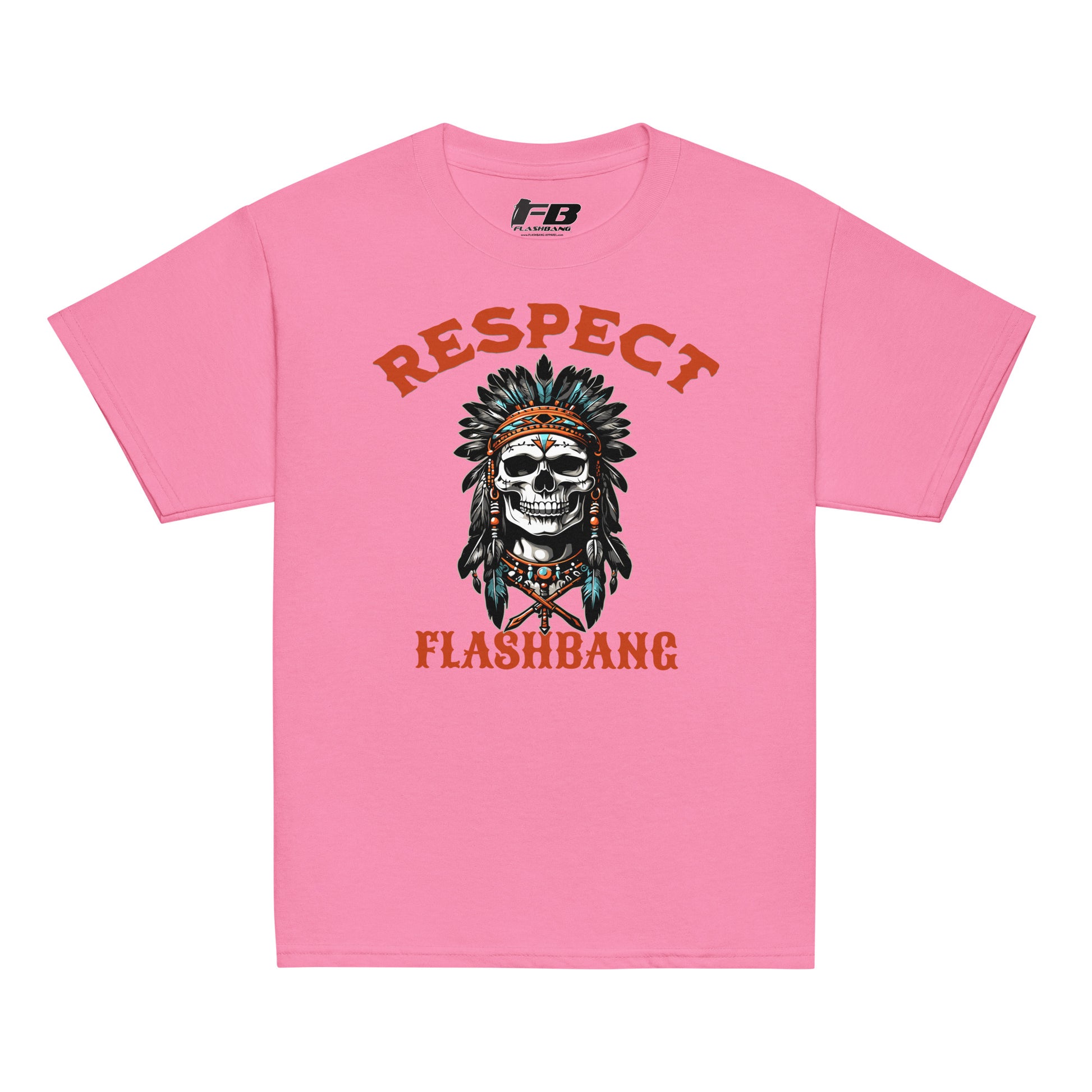 Pink t-shirt with a skull design and 'Respect Flashbang' text on a white background