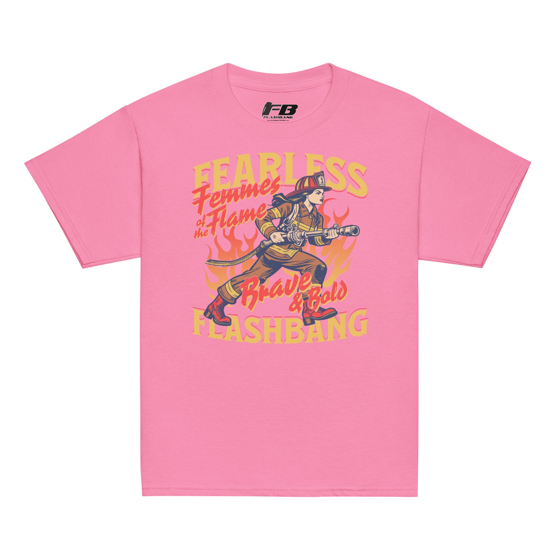 Pink t-shirt with graphic design and text on a white background