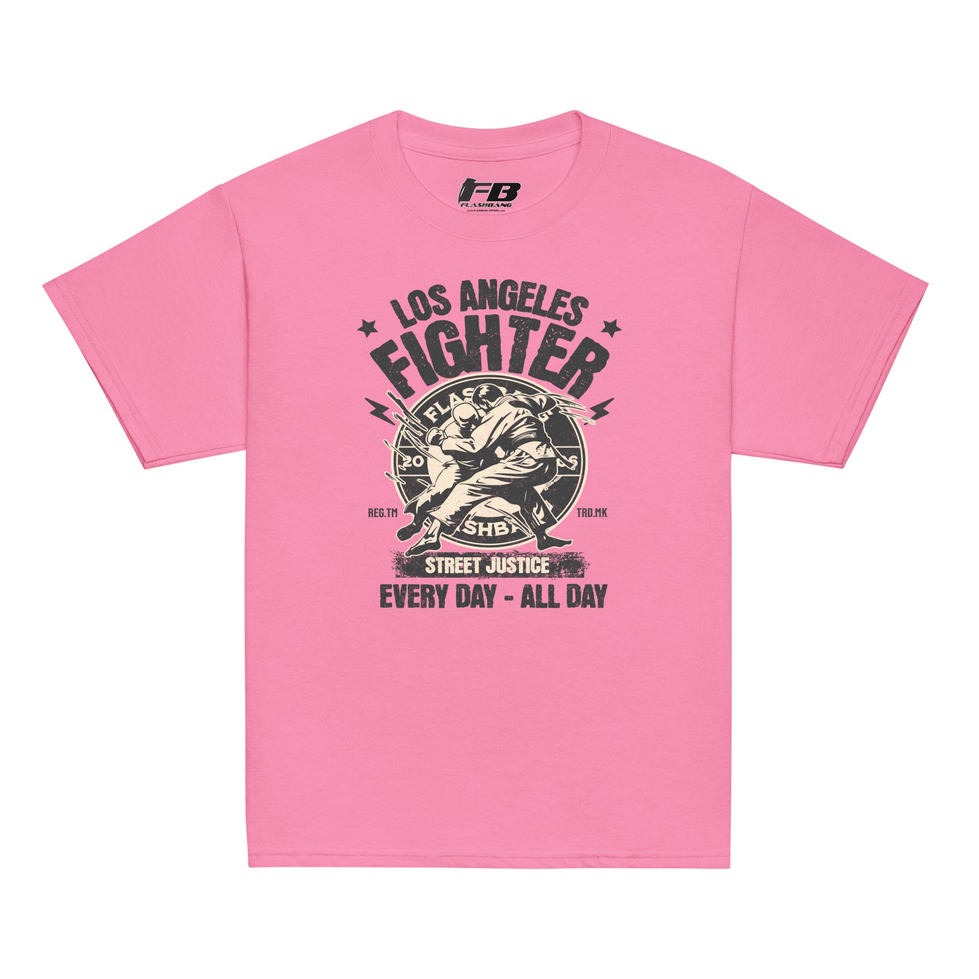 Pink t-shirt with 'Los Angeles Fighter' graphic design on a white background