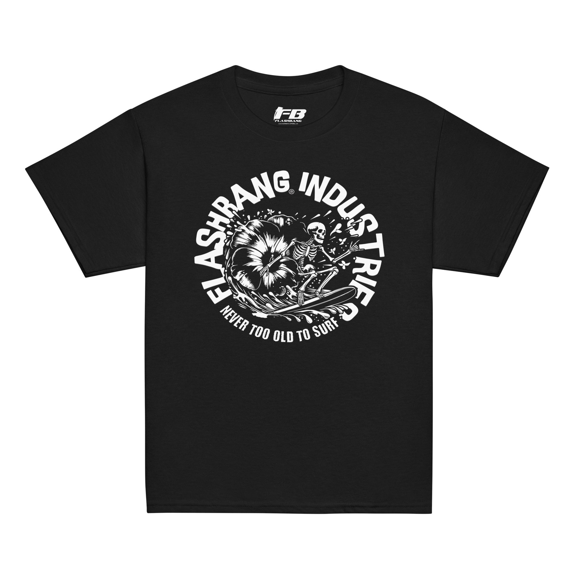 Black t-shirt with white graphic design and text on a white background