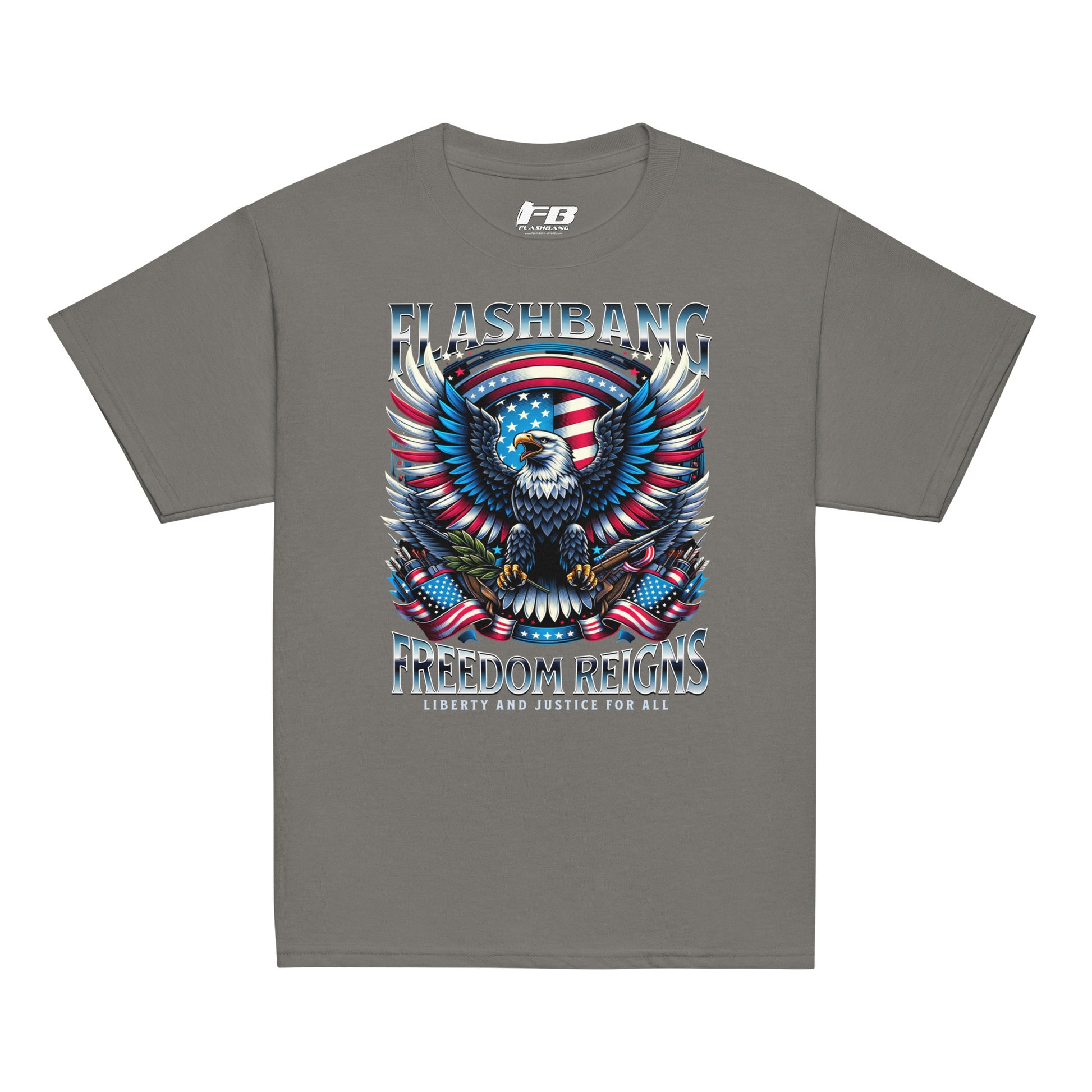Gray t-shirt with 'Flashbang' graphic design featuring an eagle and American flag on a white background
