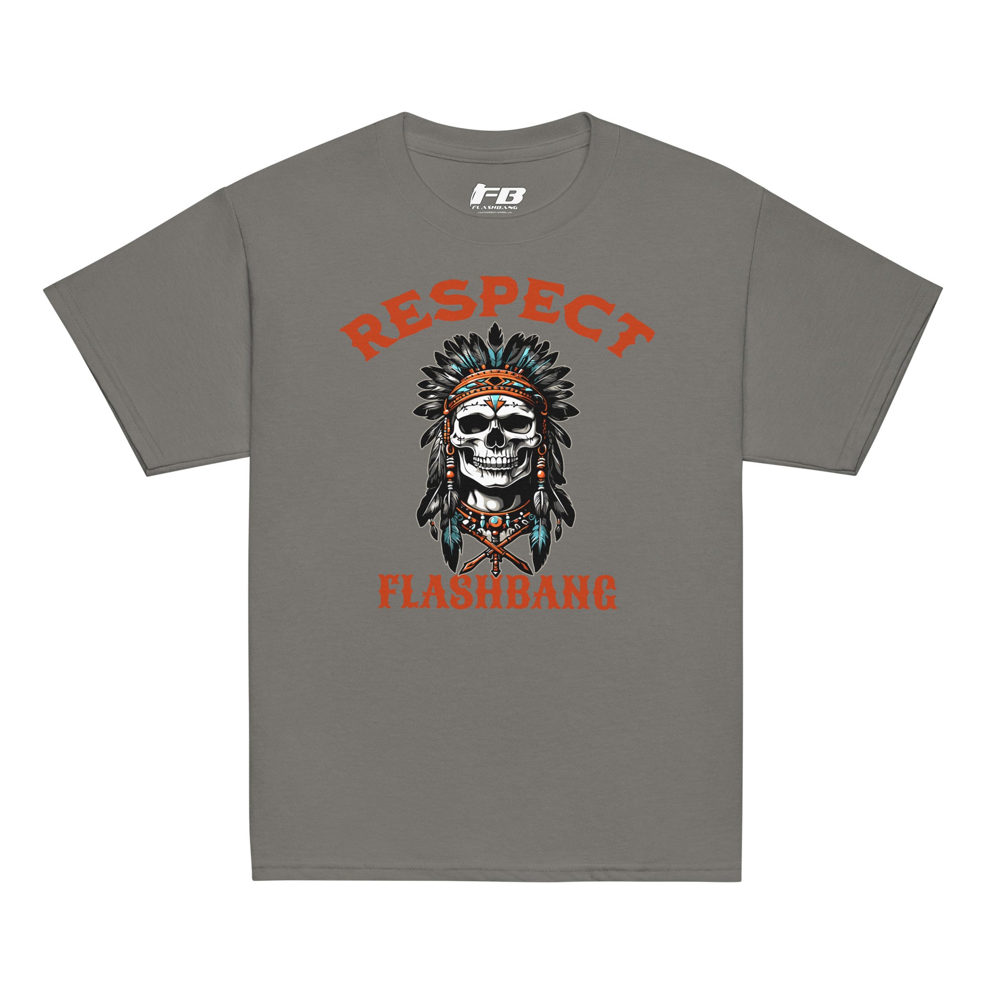 Gray t-shirt with a skull design and 'RESPECT FLASHBANG' text on a white background