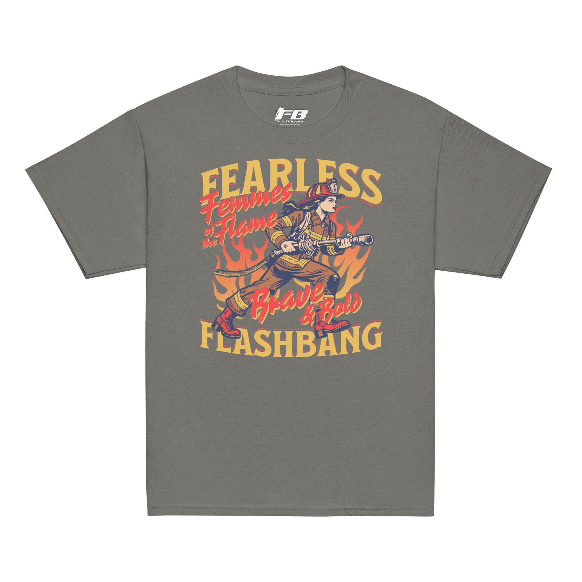 Gray t-shirt with colorful graphic design featuring a woman playing guitar and text on a white background