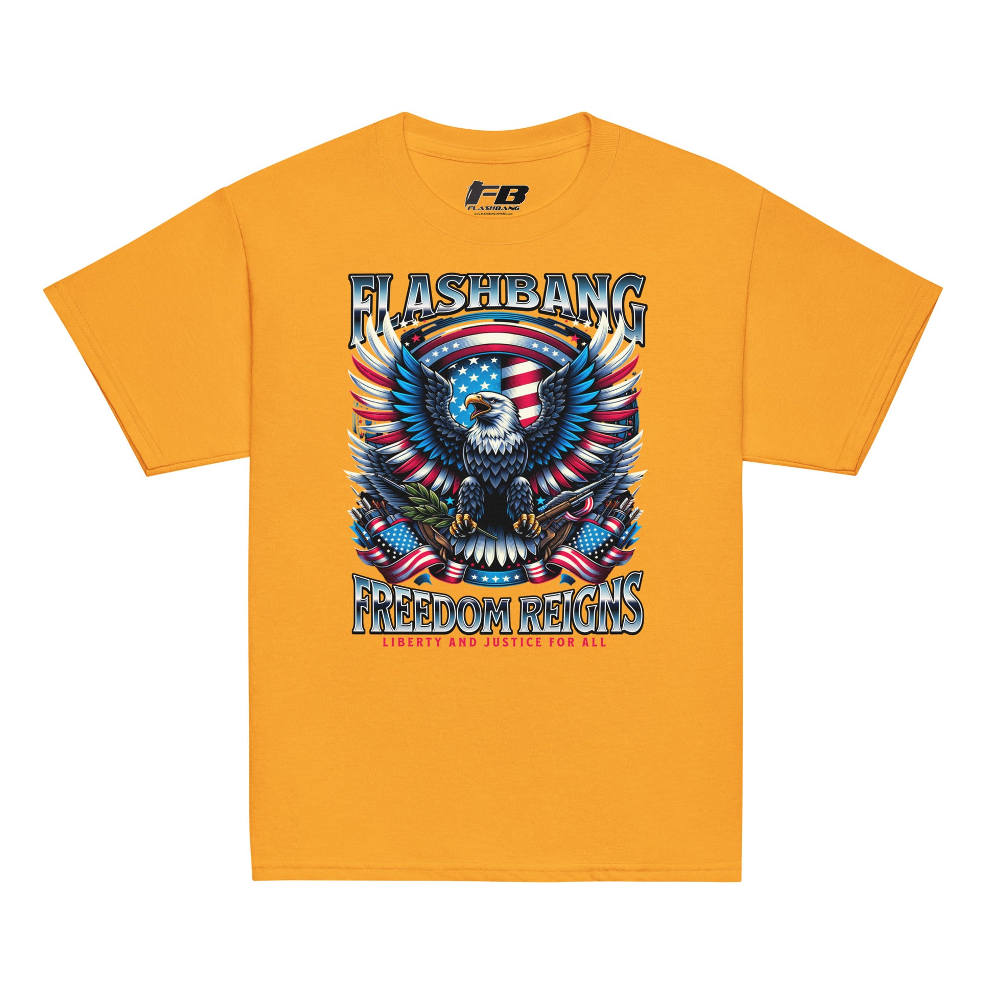 Yellow t-shirt with 'Flashbang' graphic design featuring an eagle and American flag on a white background.