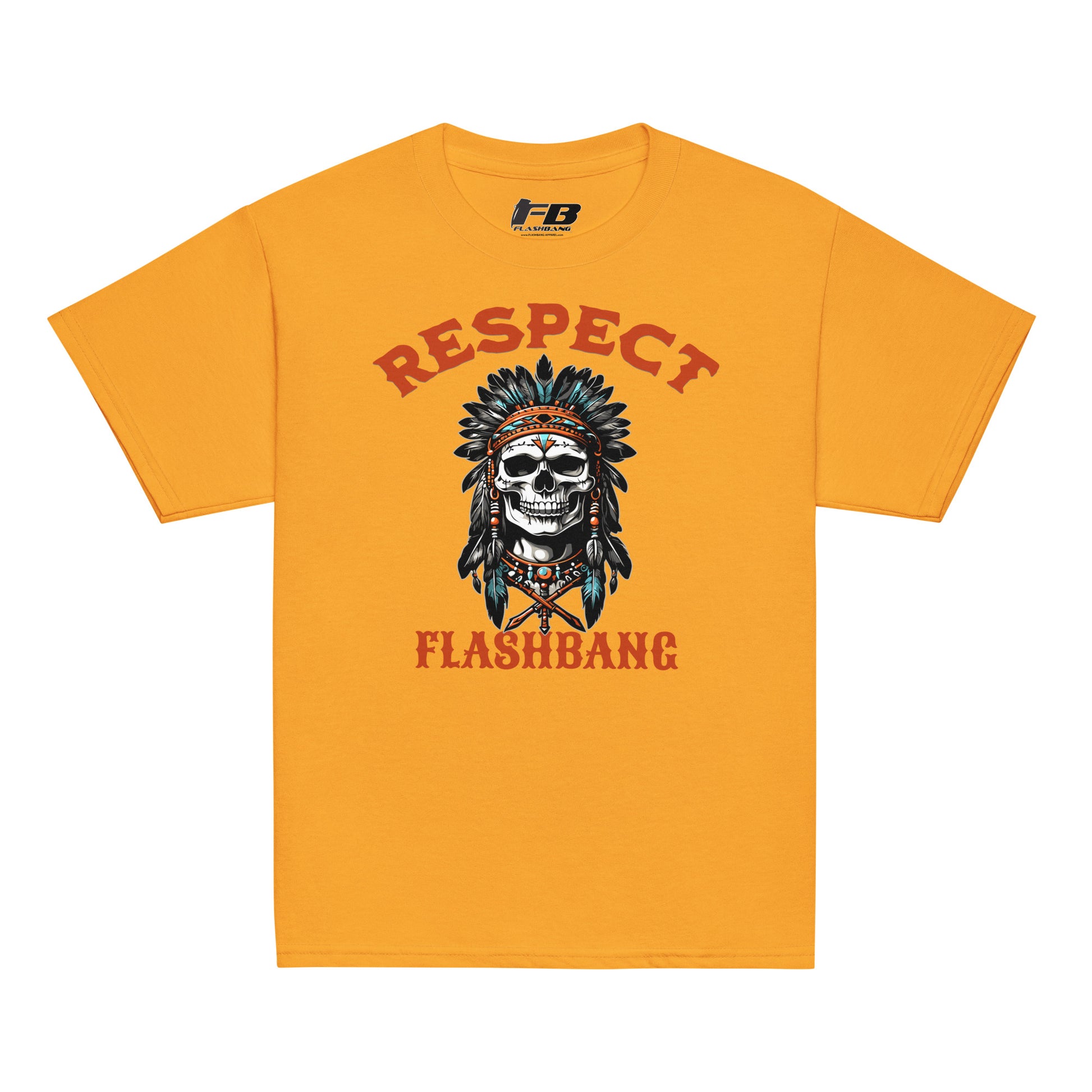 Yellow t-shirt with a skull design and 'Respect Flashbang' text on a white background