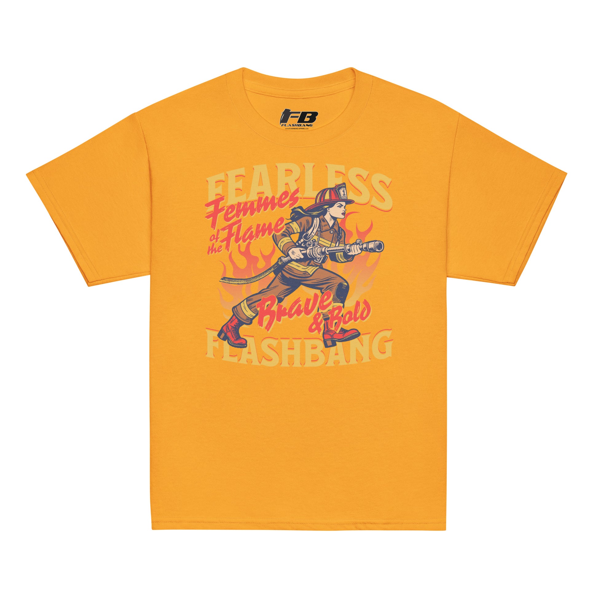 Yellow t-shirt with graphic design and text on a white background