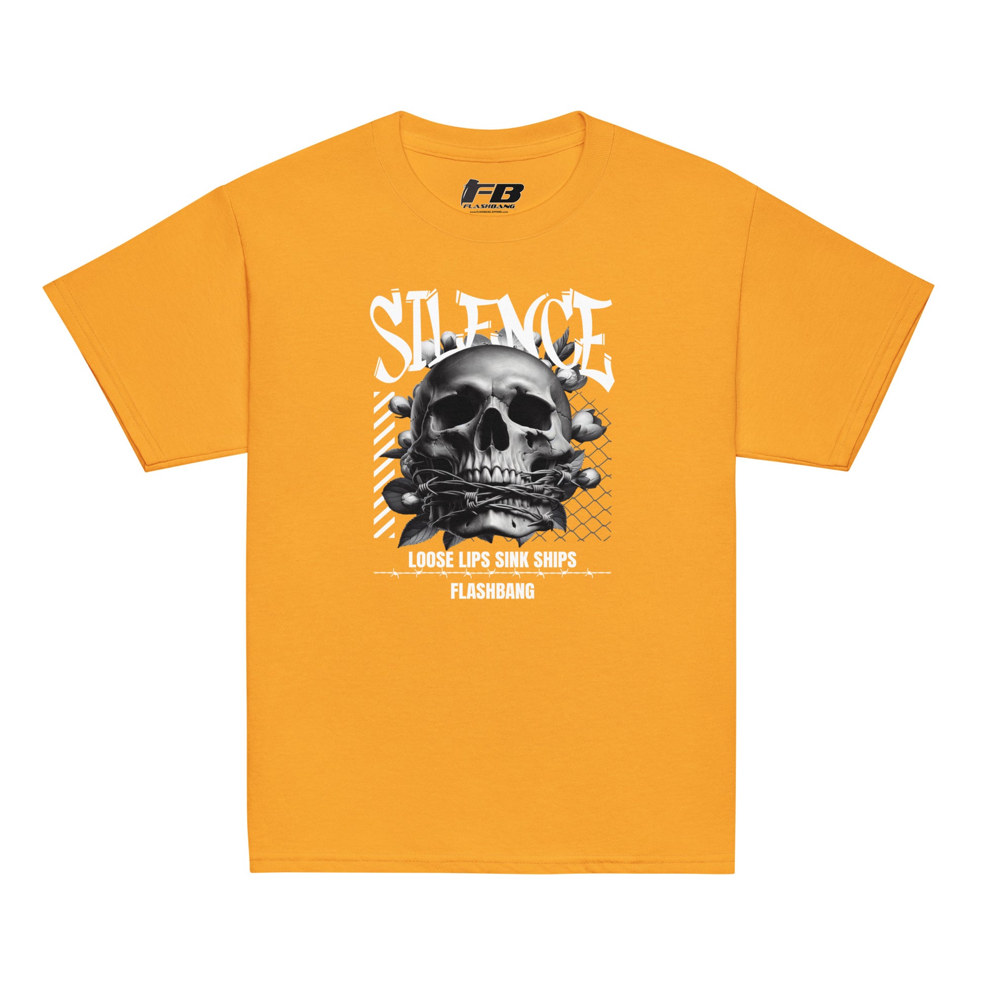 Orange t-shirt with a graphic design featuring a skull and text on a white background