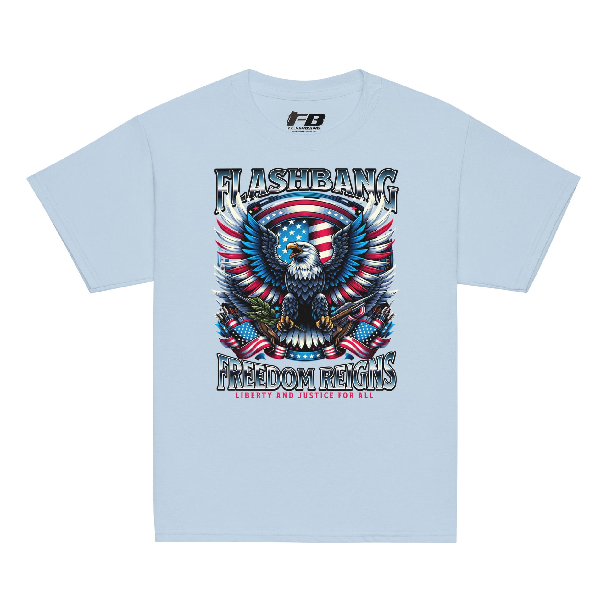 Light blue t-shirt with an eagle and American flag design on a white background