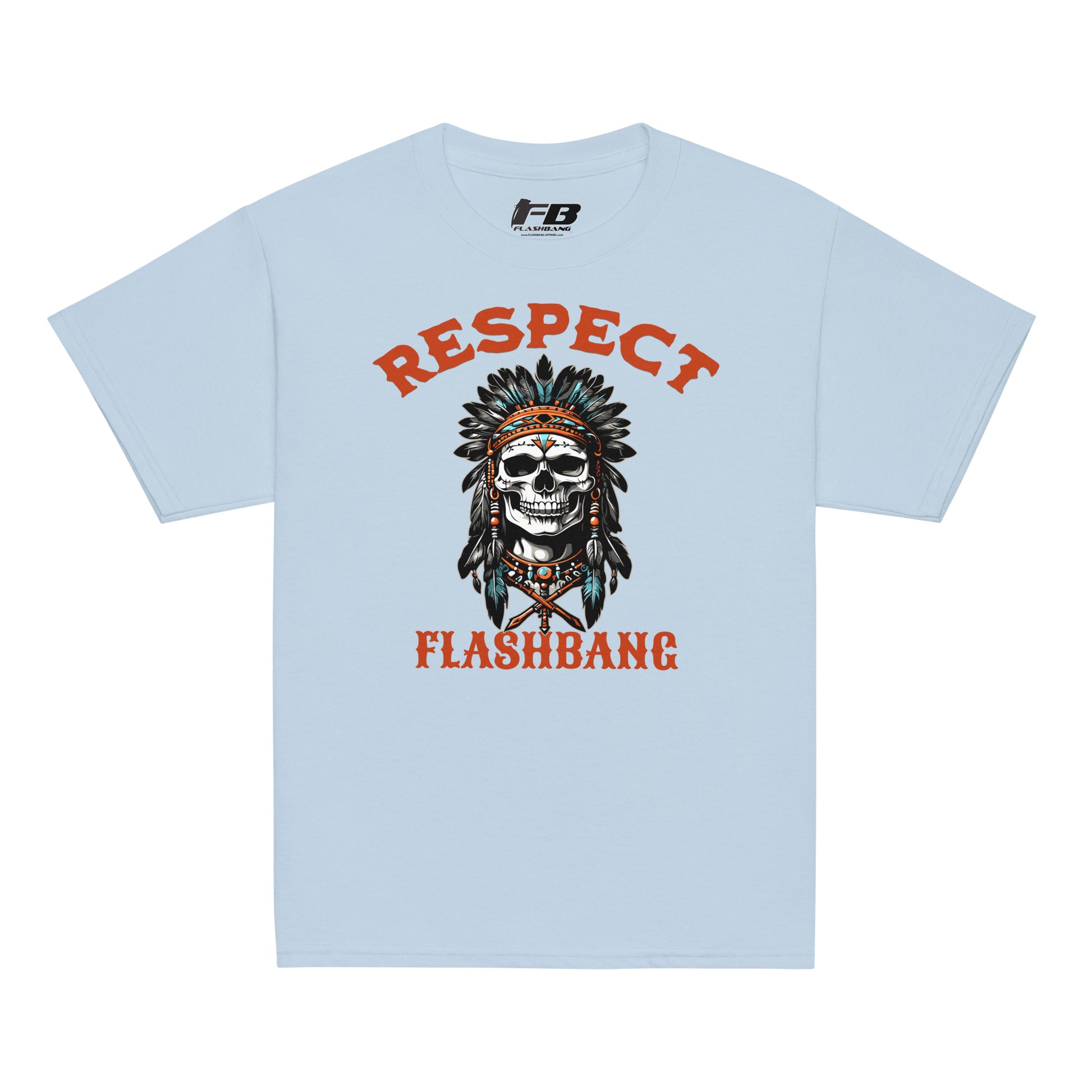 Light blue t-shirt with a skull wearing an Indian headdress and 'Respect Flashbang' text on a white background