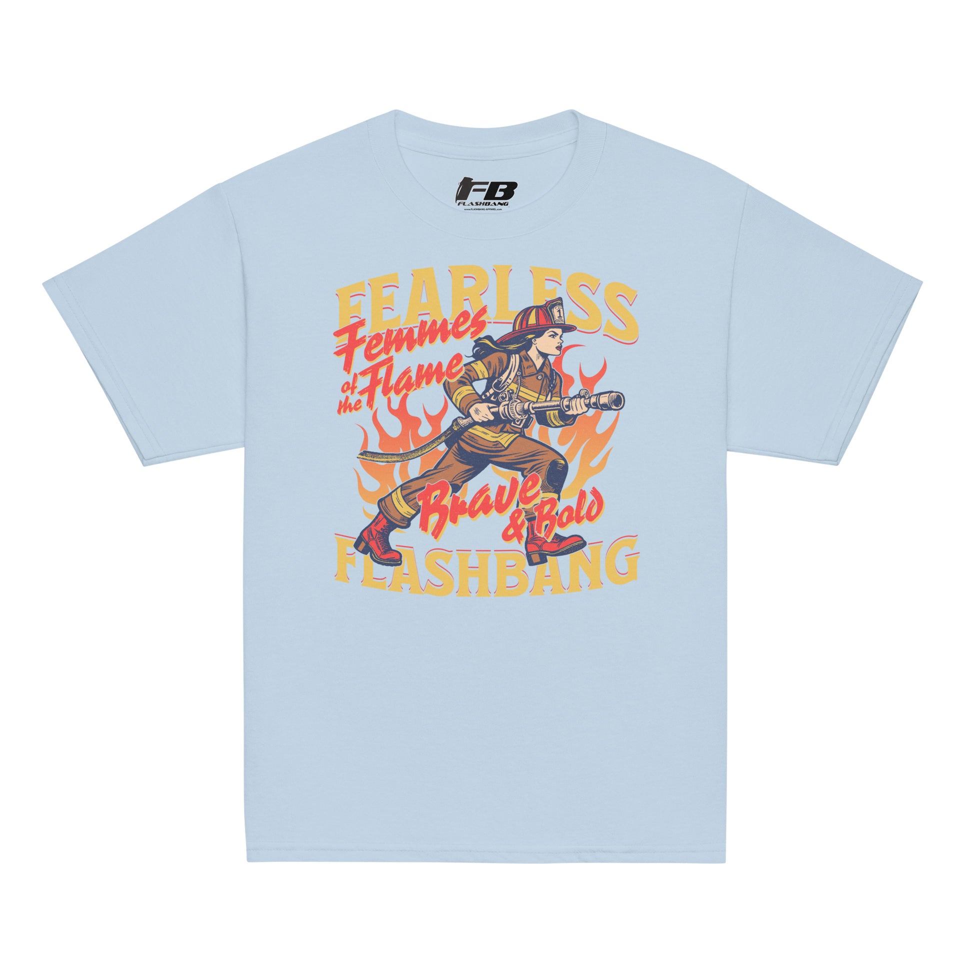 Light blue t-shirt with a graphic design of a firefighter and text on a white background