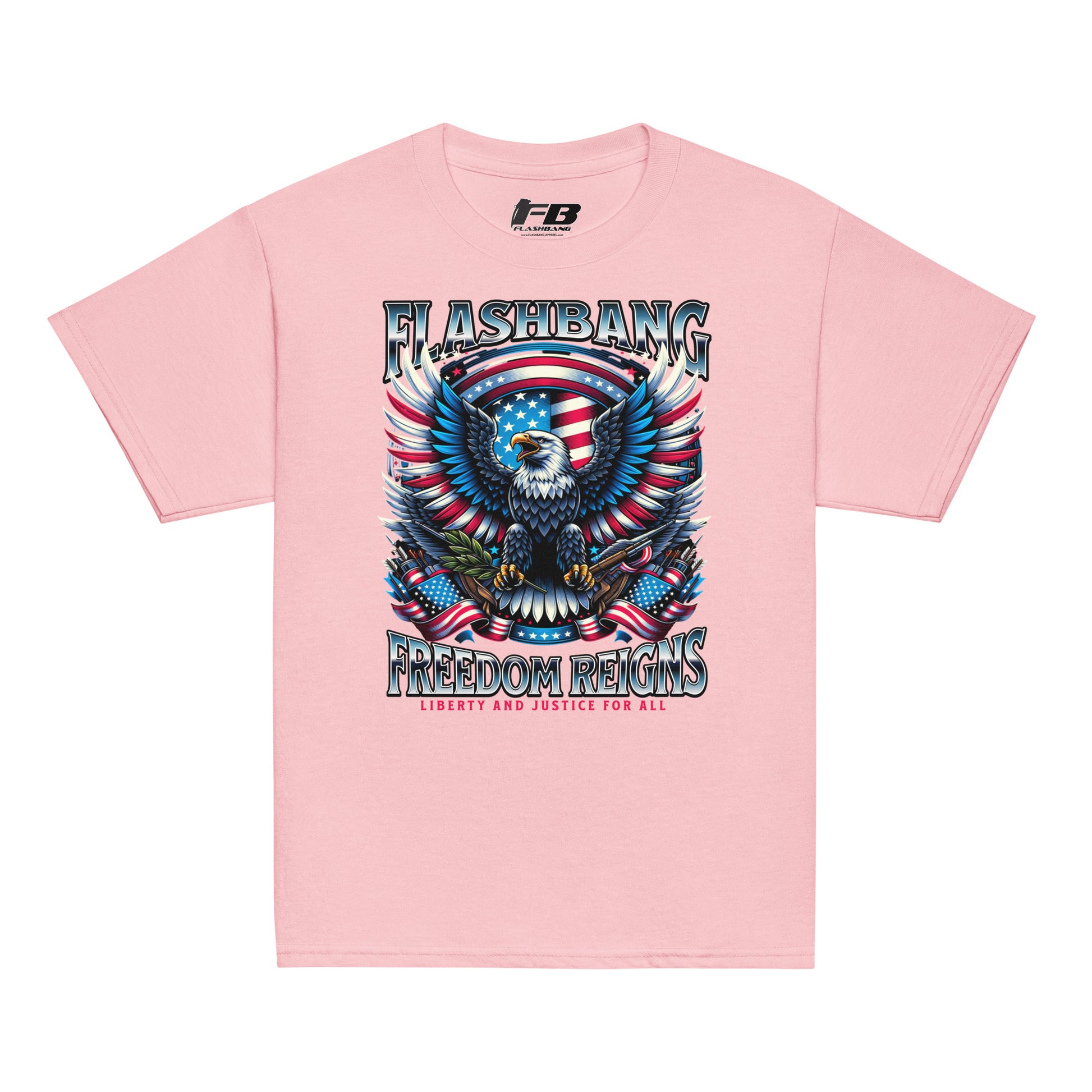 Pink t-shirt with an eagle graphic and text on a white background