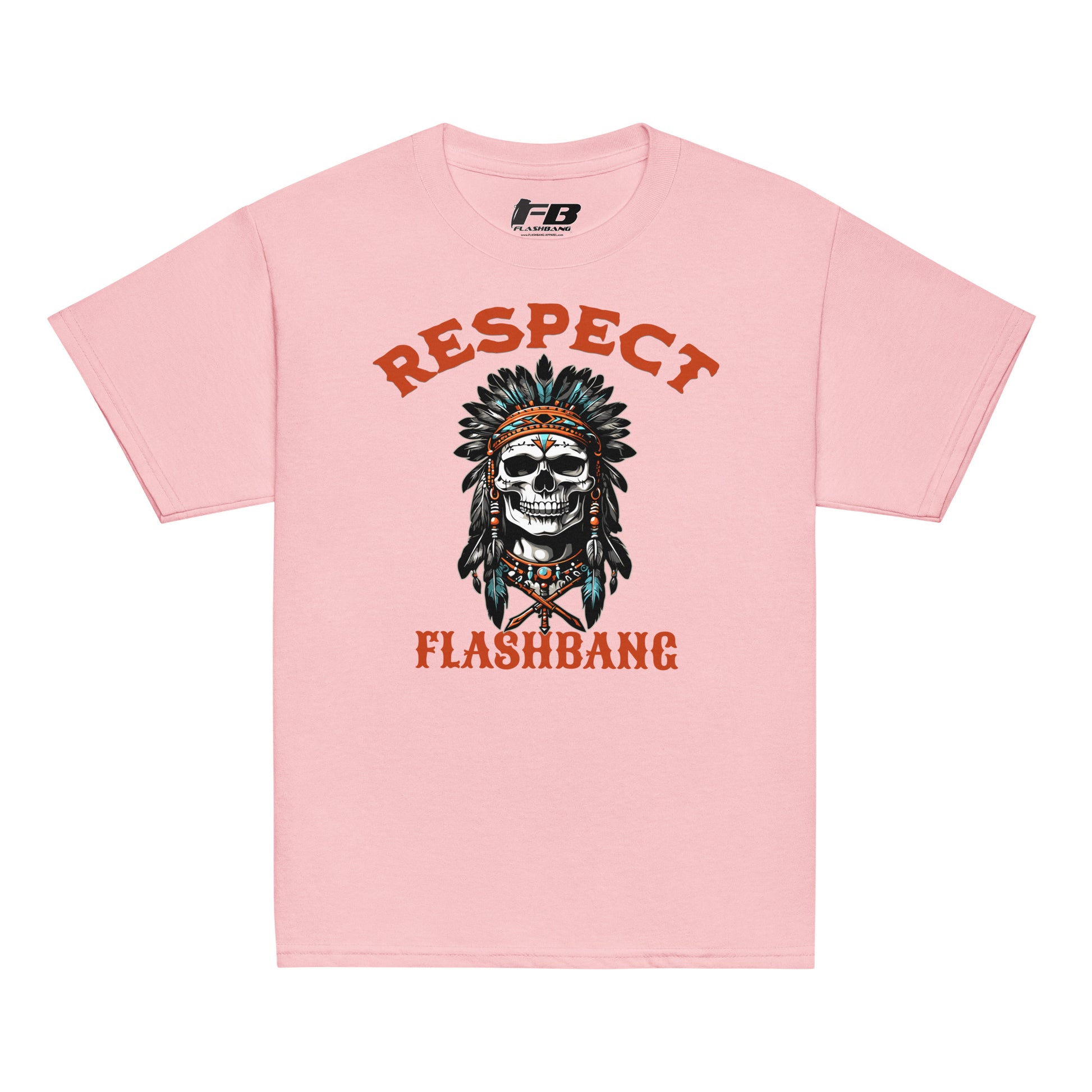 Pink t-shirt with skull design and 'Respect Flashbang' text on a white background