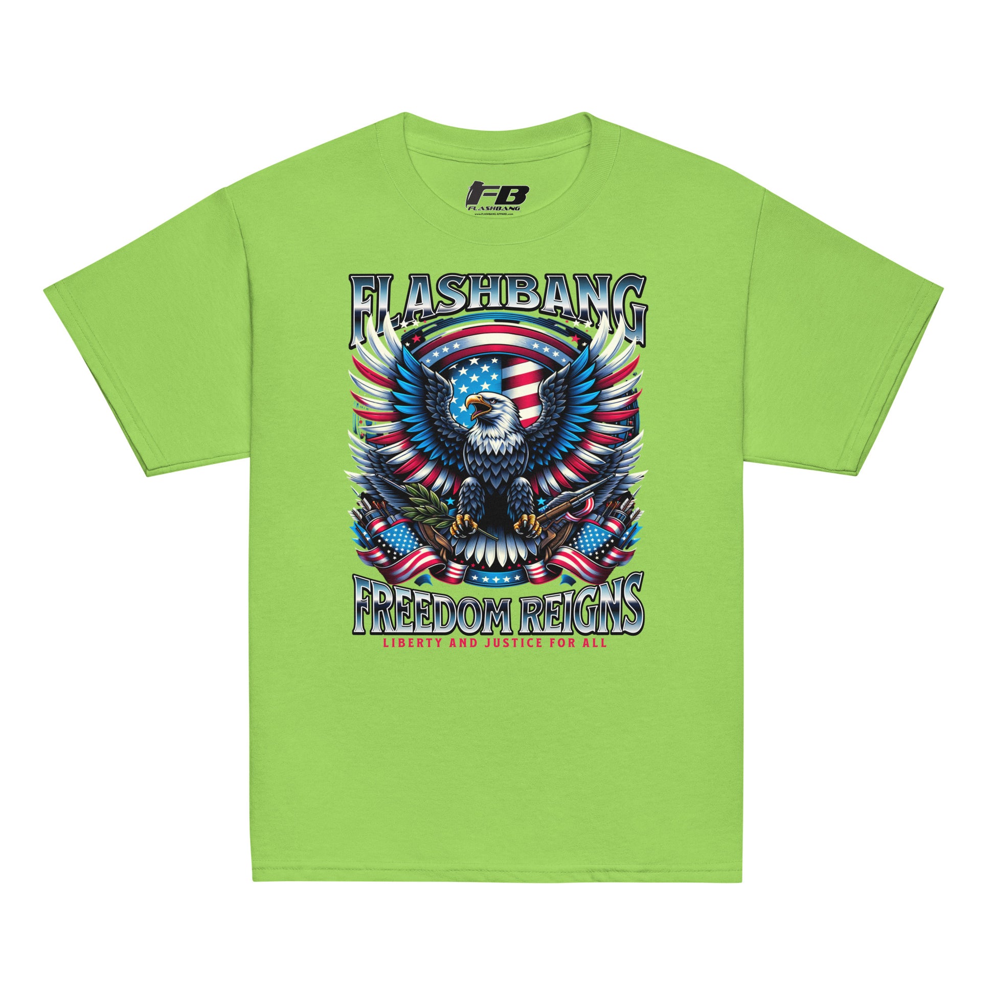 Green t-shirt with 'Flashbang Freedom Reigns' graphic design featuring an eagle and American flag on a white background.