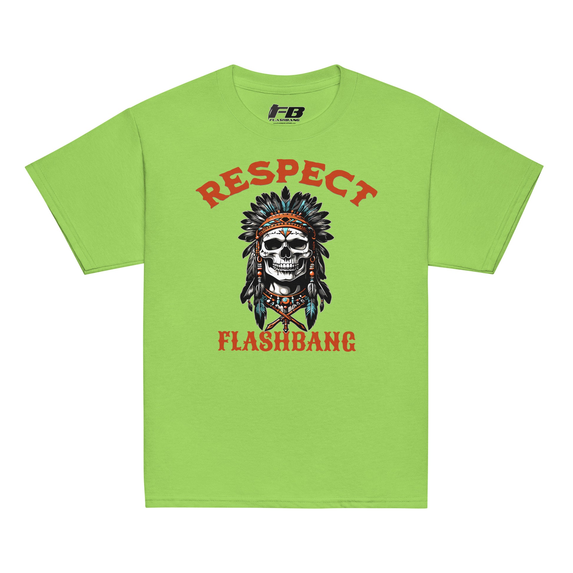 Green t-shirt with a skull design and 'Respect Flashbang' text on a white background