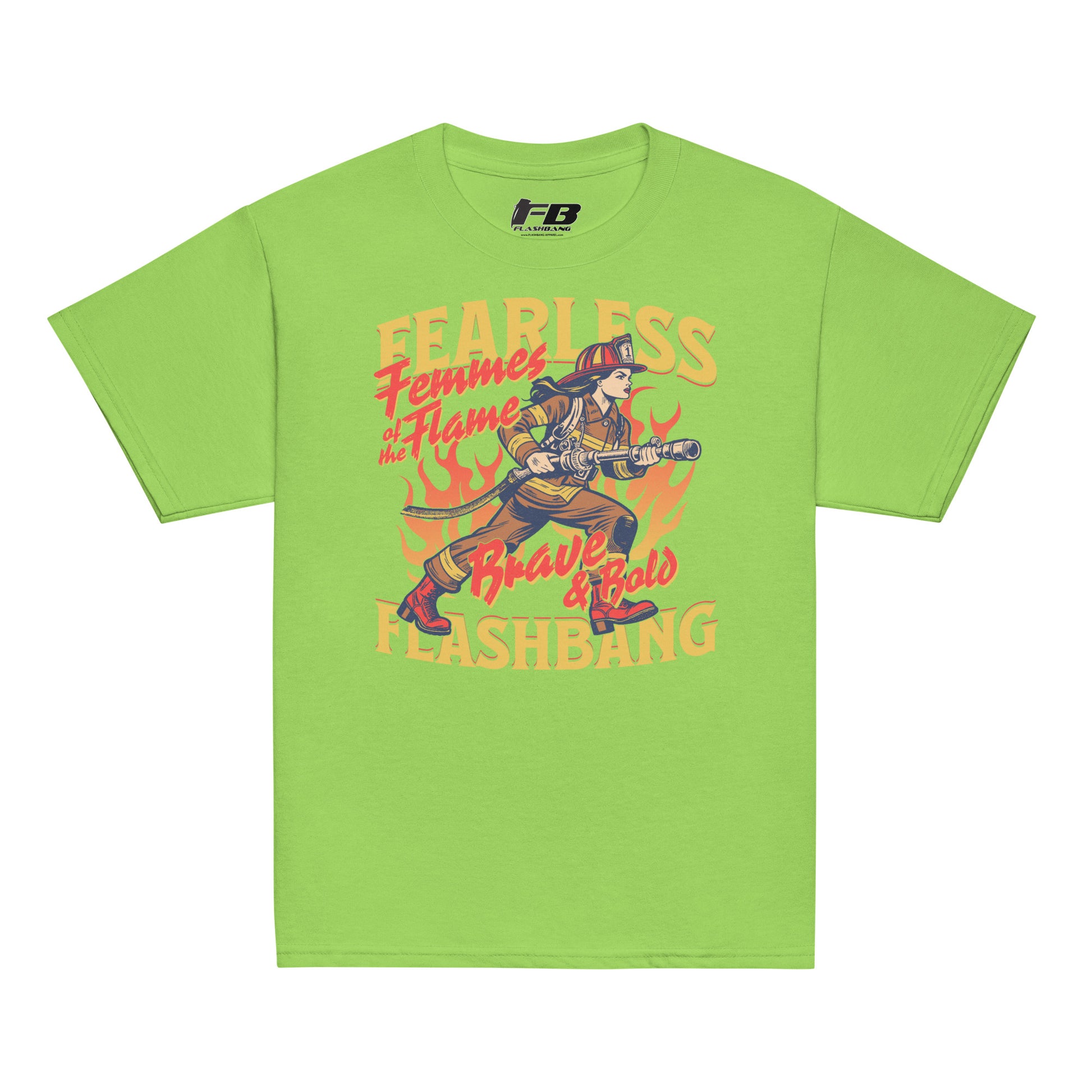 Green t-shirt with graphic design and text on a white background