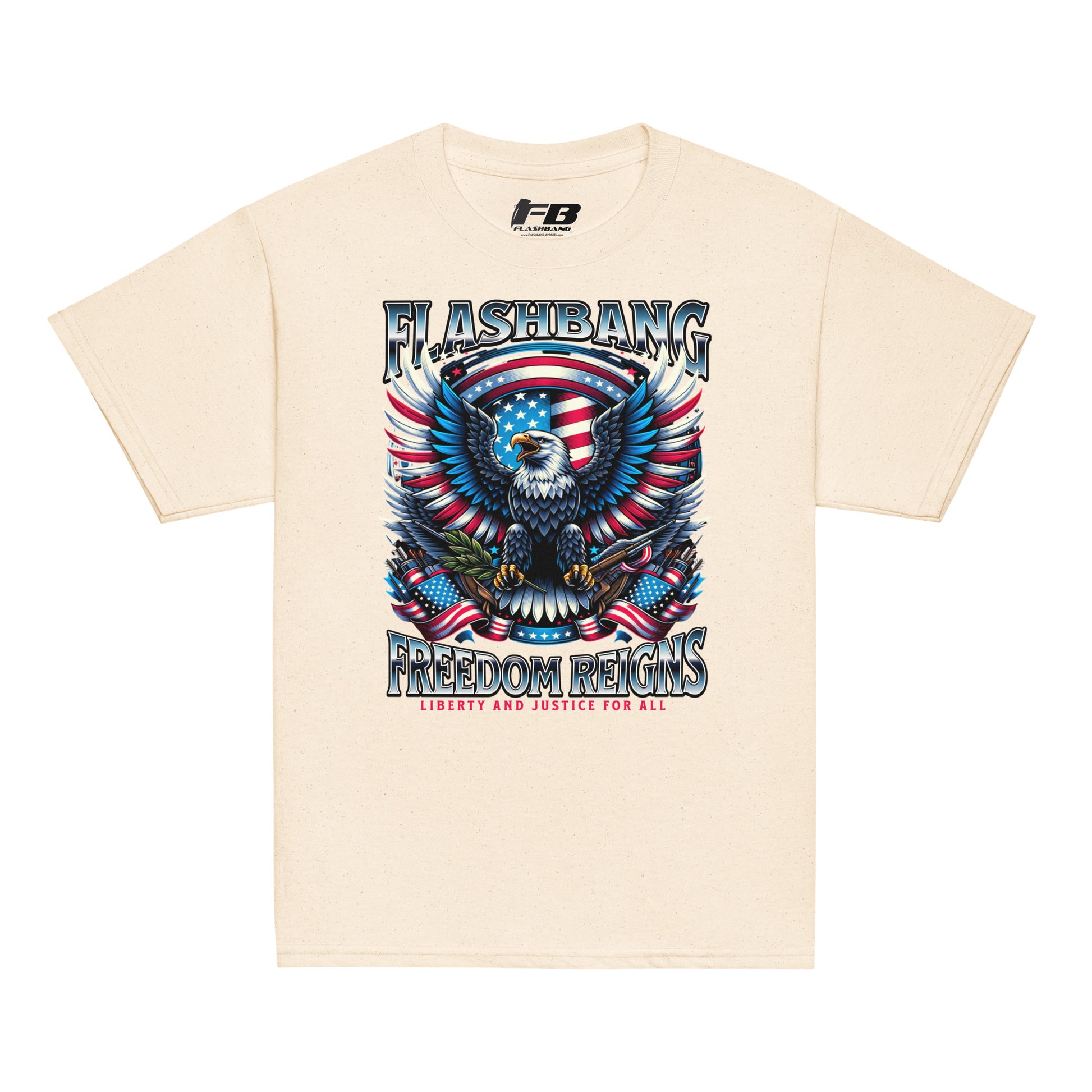 Beige t-shirt with an eagle graphic and 'Flashbang Freedom Reigns' text on a white background