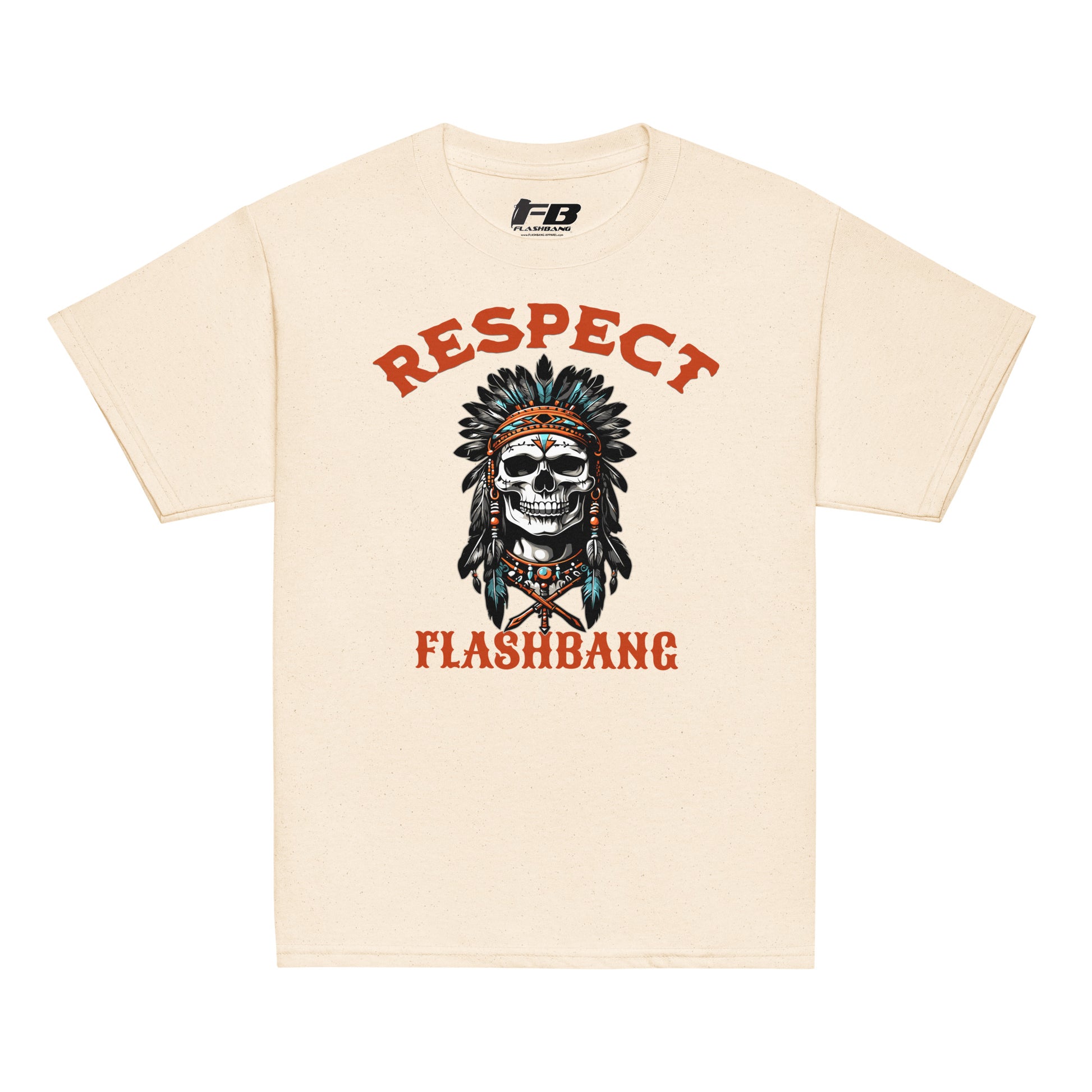 Beige t-shirt with a skull design and 'Respect Flashbang' text on a white background