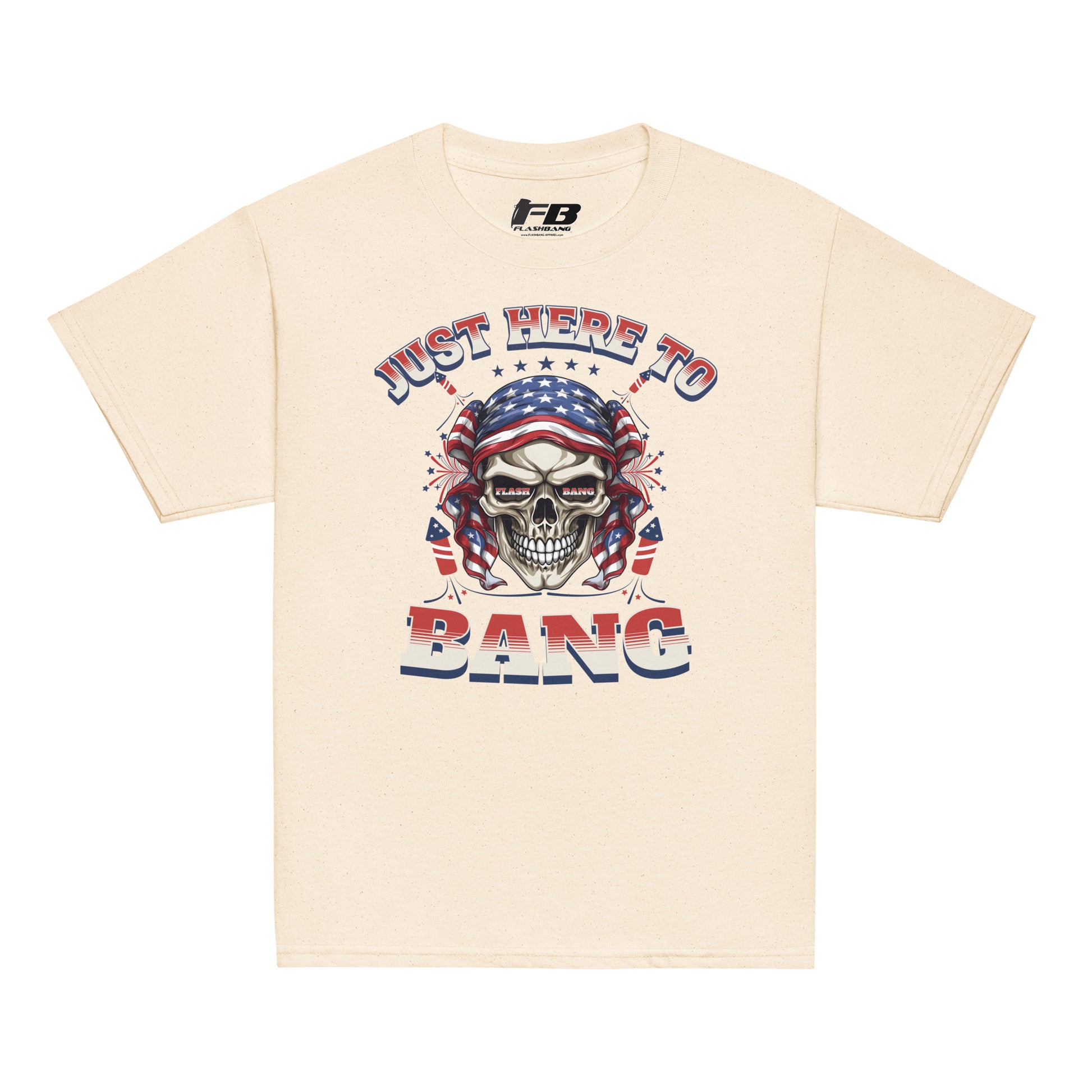 Beige t-shirt with a graphic design featuring a skull and text on a white background