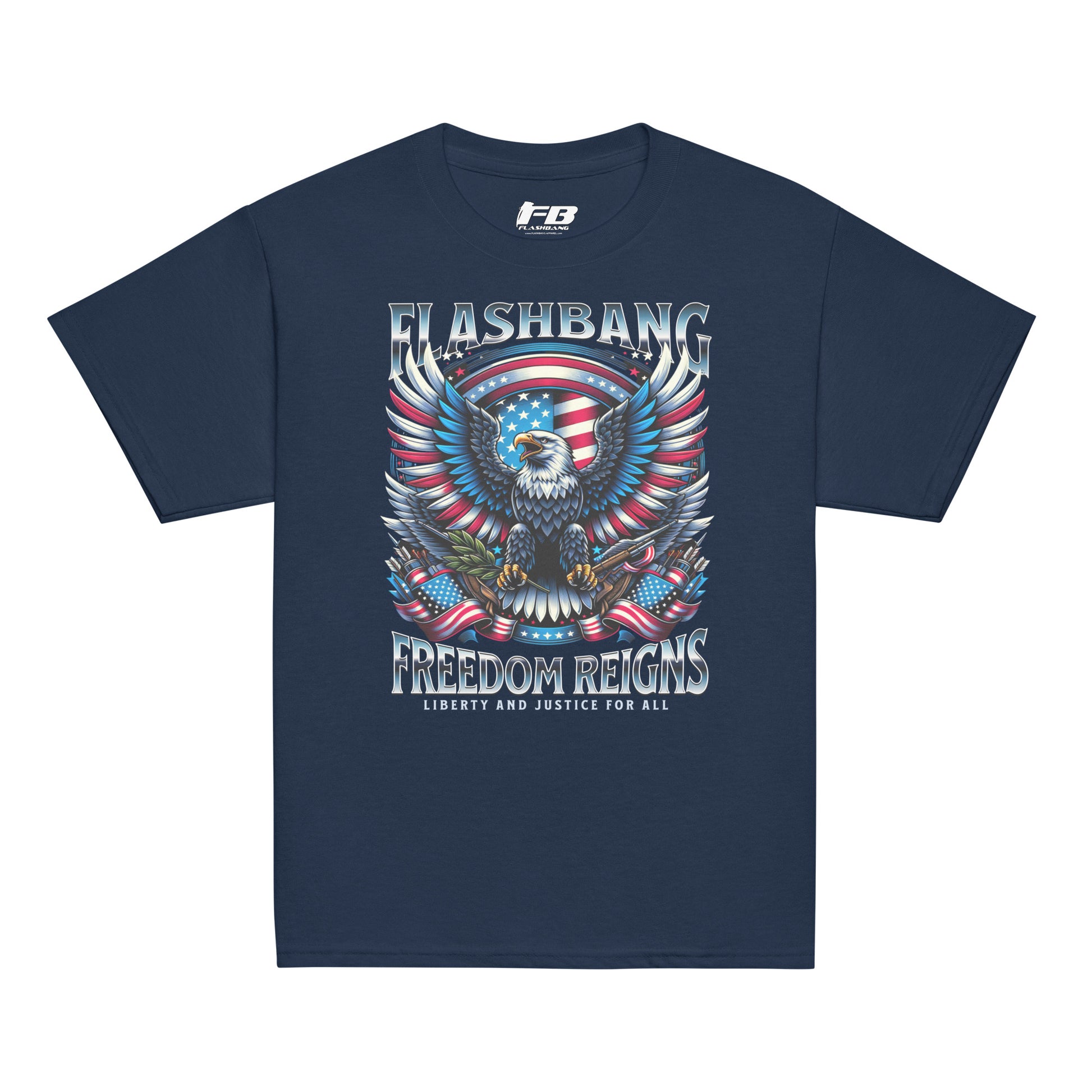 Navy blue t-shirt with 'Flashbang' graphic design featuring an eagle and American flag on a white background.