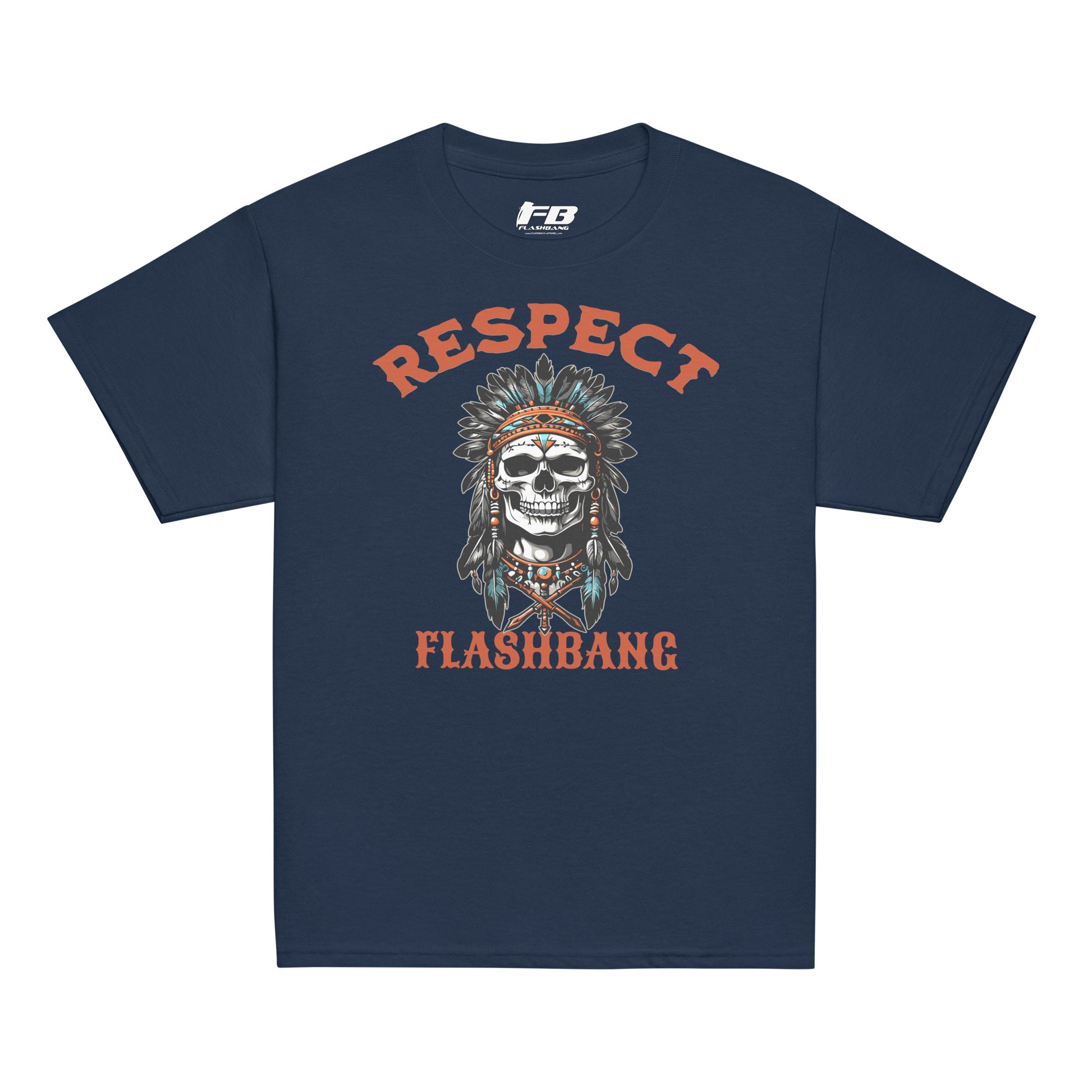 Navy blue t-shirt with a skull design and 'Respect Flashbang' text on a white background